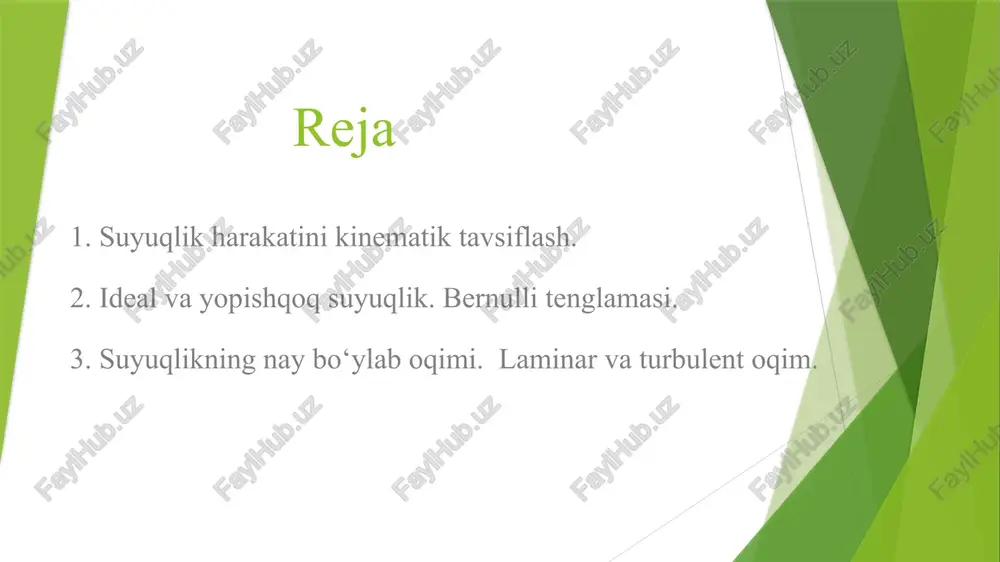 iritilgan bo‘lsa va u mexanika nuqtai nazaridan muvozanatda bo‘lsa, u holda unga ta’sir etuvchi tashqi kuchlarni jismning og‘irlik kuchi va jismga har tomondan ta’sir etuvchi bosim kuchlaridan-arximed kuchlaridan iborat deb qarash mumkin. bu kuchlar bir-biriga teng va qarama-qarshi yo‘nalgan bo‘lsa, jism muvozanatda bo‘ladi. masalan, kemaning suzishini tekshiradigan bo‘lsak, suv ustida bemalol suzib yurishi uchun kemaning suvga botirilgan qismi siqib chiqargan suvning og‘irligi kemaning yuki bilan birgalikdagi havodagi og‘irligiga teng bo‘lishi lozim. suyuqlikning ko‘ndalang kesimi turlicha bo‘lgan oqim nayida oqish jarayonini qarab chiqaylik. ma’lumki, suyuqlik oqimining hech yerda uzilmasligi, ya’ni uning uzluksizligidan suyuqlik tezligining oqim nayining ko‘ndalang kesimiga ko‘paytmasining o‘zgarmas ekanligi kelib chiqadi. bu esa ma’lum vaqt oralig‘ida nayning bir uchidan oqib kirayotgan suyuqlikning hajmi uning qarama-qarshi tomonidan oqib chiqayotgan suyuqlik hajmiga teng bo‘lishini bildiradi: 1s1 2s2 3. suyuqlikning nay bo‘ylab oqimi. laminar va turbulent oqim. bu tenglama bernulli tenglamasi deb ataladi. bernulli tenglamasidan kelib chiqadigan xulosalardan biri shunday: oqim nayining …
