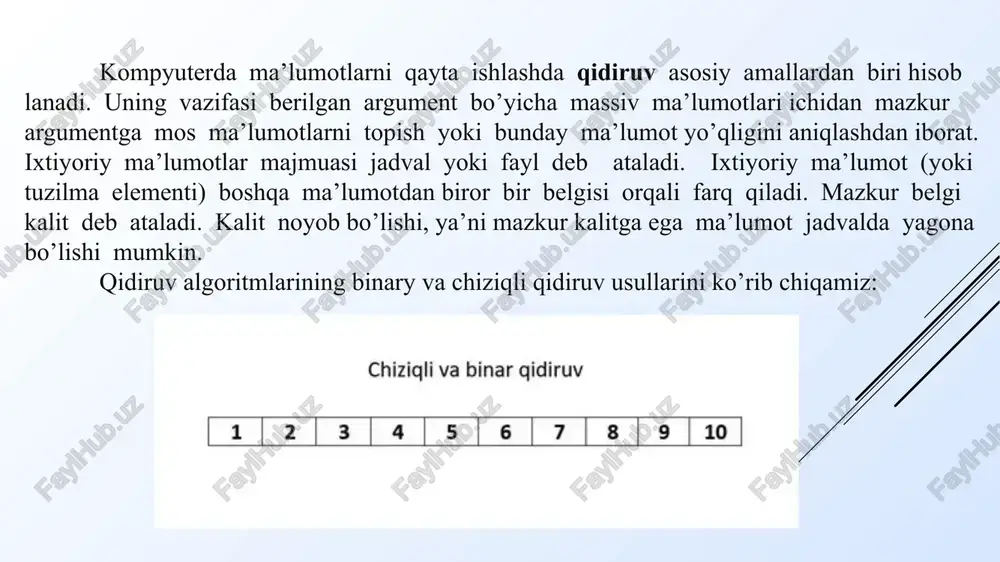 esh-funksiya deb ham ataladi. xesh-funksiya – bu kirish ma’lumotlarini sonlarga aylantiruvchi funksiya bo’lib, bir xil ma’lumotlar to’plami hamma vaqt bir xil natija beradi. xesh funksiyalar – ixtiyoriy uzunlikdagi kirish ma’lumotini chiqishda belgilangan uzunlikdagi xesh qiymatga aylantirib beruvchi bir tomonlama funksiyalarga aytiladi. xesh funksiyalar kriptografiya va zamonaviy axborot xavfsizligi sohasida ma’lumotlarni to’laligini tekshirishda foydalaniladi. hesh-funksiya 12 xeshlash assotsiativ massivlarni tashkil qilish uchun qo’llaniladi, bunda indekslari sonlar emas, balki ixtiyoriy qiymatlar bo’ladi. xeshlashdan odatda matnlardan nusxalarning takrorlanishini qidirishda, ya'ni xesh-funksiyalarining bir xil qiymatiga ega bo'laklarni qidirishda foydalaniladi. bundan tashqari, xeshlash ko'pincha parollarni saqlash uchun ishlatiladi; shu bilan birgalikda noyob identifikatorlarni yaratish uchun, masalan, agar fayl o'ziga xos nomni talab qilsa, siz ushbu faylni xeshlash natijasini hisoblab chiqishingiz va natijani faylga nom sifatida ishlatishingiz mumkin. topshiriqlar 1. butun sonlar orqali berilgan 20 dan 60 gacha bo’lganlari ichida ekranga 31 raqami chiquvchi chiziqli qidiruv algoritmi tuzilsin va natijalar taxlil qilinsin. 2. ism familyangizni hesh …