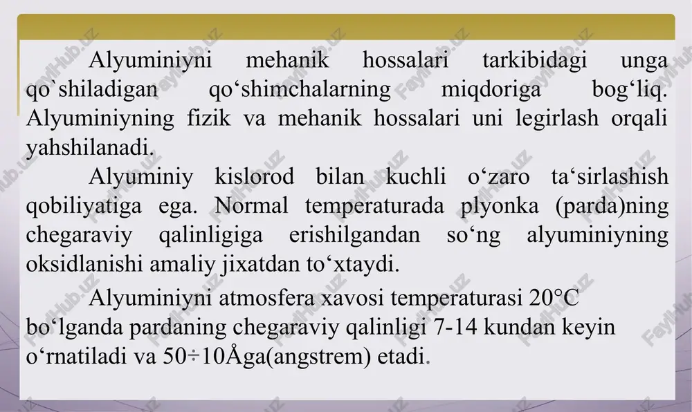 4 mm bo‘lganida 120–140 a, 5 mm bo‘lganida 150–170 a, 6 mm da esa 200–240 a tok ishlatiladi. metal qalinligi 6–9 mm bo‘lganida 200–250°c ga qadar, 9–16 mm bo‘lganida 300–350°c ga qadar oldindan qizdirib payvandlanadi. aluminiy elektrodning ko‘ndalangiga tebratmasdan iloji boricha kalta yoy bilan payvandlanadi. payvandlab bo‘lgandan keyin chokdagi shlak qaynoq suv bilan yuvib va po‘lat cho‘tkalar bilan tozalanadi. elektrodlar qoplamiga aluminiy oksididan kislorodni tortib oladigan, payvandlashni qiyinlashtiradigan, aluminiy oksidini eritadigan hamda shlaklashtiradigan litiy, kaliy va natriylarning xlorli hamda ftorli tuzlari qo‘shiladi. qalinligi 14 mm gacha bo‘lganda chok 1–2 qatlam, 14 mm dan qalin bo‘lganida 2–3 qatlam hosil qilib payvandlanadi. chok metali mayda donali strukturada bo‘lishi uchun detal payvandlagandan keyin sekin sovitilishi zarur. soviganidan so‘ng payvand chokni salgina bolg‘alash kerak bo‘ladi. quyma qotishmalardan tayyorlangan detallardagi ichki kuchlanishlarni kamaytirish uchun detallar payvandlagandan keyin 300–350°c da yumshatiladi va shundan keyin sekin-asta sovitiladi. argon-yoy bilan payvandlash. payvandlash uchun oliy va birinchi navli argon …