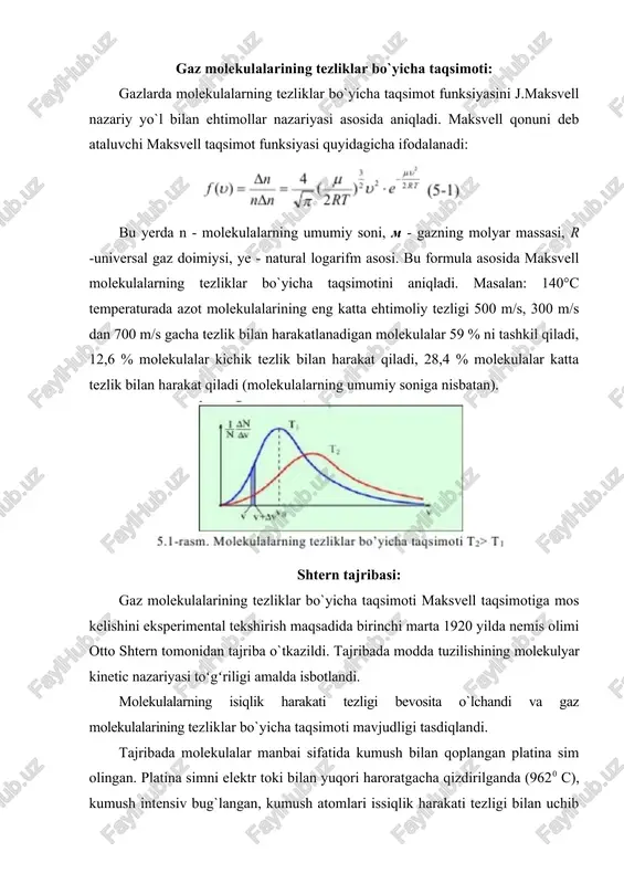 iz koʻrinishida oʻtirgan. maxsus asbob yordamida butun qurilma jez plastina sirtiga parallel yoʻnalgan oʻq atrofida katta burchak tezlik bilan aylantirilganda atomlar harakatining turli tezliklariga toʻgʻri keladigan atomlar soni turlicha boʻlishi sababli, kumush iz yoyiladi va uning qalinligi ham turlicha boʻladi. qatlamning eng qalin sohasiga eng katta ehtimolli tezlik bilan harakatlanayotgan atomlar oʻtiradi. tajribada aynan shu eng katta ehtimolli tezlik aniqlangan va uning qiymati nazariy hisoblangan qiymat bilan mos tushgan. atomlar oqimi b tirqishdan o`tib (2-rasm), undan l m masofadagi tashqi ekranda d iz qoldirgan. tajribani ikkinchi qismida butun qurilma qizdirilgan tola atrofida 2500-2700 aylana/minut tezlik bilan aylantirilgan. aylantirish tufayli ilgari d nuqtaga kelib tushgan atomlar oqimi siljib, ekranning ekranning d` nuqtaga kelib tushgan. bu nuqtalar orasidagi s siljishni hisoblaylik. kumush atomlarining tezligi v bo`lsa l masofaga yetib borishi uchun vaqt kerak bo’lgan bu vaqt ichida w burchak tezligi bilan aylanayotgan ekaran masofaga siljishga ulgurgan. atomlarning tezliklari turlicha bo`lgani uchun, atomlarni …