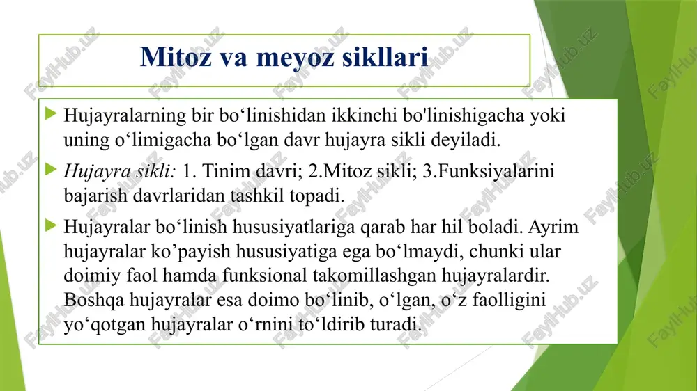 ional faol bo‘lib turib, so‘ng degeneratsiyaga uchraydi (teridagi muguzlanuvchi epiteliy hujayralari). hujayralar ikki xil usulda bo‘linib ko‘payadi (mitoz va meyoz). mitoz - murakkab bo‘linish bo‘lib, asosan somatik hujayralarga xosdir. o‘rganishni osonlashtirish uchun mitoz to‘rt bosqichga bo‘lib o‘rganiladi: profaza, metafaza, anafaza, telofaza. mitoz meyoz jinsiy hujayralarning yetilish usulidir. meyoz natijasida qiz hujayralarda xromosomalarning gaploid to‘plami hosil bo‘ladi. meyozda ham bo‘linuvchi hujayralar avval interfazani o‘tadilar. meyoz ikkita ketma-ket keluvchi (1-meyoz, 2-meyoz) jarayonlardan iborat. ularning birinchisini reduksion bo‘linish, ikkinchisi esa ekvatsion bo‘linish deb yuritiladi (10-rasm). asosiy o‘zgarishlar 1-meyozda va uning 1-profazasida kuzatiladi. 1-profaza 5ta (leptotena, zigotena, paxitena, diplotena, diakinez) bosqichlardan iborat. bu bosqichlarda gomolog xromosomalar yaqinlashib (kon'yugatsiya), ular bir birlarining o‘xhshash qismlari bilan almashinishadi (krossingover). 1 metafazada ekvatorga bivalentlar (tetradalar) holida ikki qator bo‘ib joylashadi. 1 anafazada gomolog xromosomalar butunligicha qutblarga ajrala boshlaydi. 1 telofazada esa xromosomalari gaploid, dnk miqdori esa 2c bo’lgan hujayralar hosil bo‘ladi. 1 meyoz va 2 meyoz orasida interfazada …