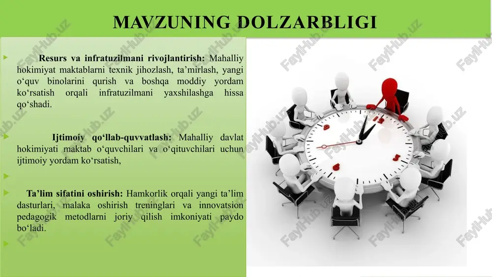 faoliyat yuritish prinsiplari hamda ta’lim muassasalari bilan o‘zaro aloqalarni tartibga soluvchi asosiy hujjat hisoblanadi. davlat maktablarining turli tashkilotlar bilan hamkorligi moliyalashtirish va resurslarni taqsimlash uchun muhimligi to‘g‘risida fikr boradi. mavzuga oid adabiyotlar tahlili maqsad maktab va mahalliy davlat hokimyati o‘rtasidagi samarali hamkorlikni yo‘lga qo‘yish orqali ta’lim sifatini oshirish, maktab infratuzilmasini rivojlantirish, pedagog kadrlar malakasini oshirish va o‘quvchilarning xavfsiz hamda qulay ta’lim olish sharoitlarini ta’minlash. hamkorlikning asosiy yo‘nlishlarini aniqlash. maktab ehtiyojlari va hamkorlarning imkoniyatlarini tahlil qilish. hamkorlik strategiyasini shakllantirish ishlarini va har bir yo‘nalish bo‘yicha tegishli vazifalarni belgilash. mahalliy hokimyat va maktab rahbariyati o’rtasida muntazam uchrashuvlar tashkil etish. mahalliy hokimyat bilan hamkorlikda bolalar huquqlarini himoya qilish va ularning ijtimoiy himoyasini ta’minlash. vazifalar 6 mavzu yuzasidan xorijiy davlatlar tajribalari aqsh ko‘plab maktablar ta’lim dasturlarini qo‘llab-quvvatlash uchun turli davlat tashkilotlari va notijorat tashkilotlar bilan hamkorlik qiladi. bu moliyalashtirish, asbob-uskunalar va texnologiyalar bilan ta’minlash, o‘qituvchilarning stajirovkalari va malakasini oshirishni o‘z ichiga olishi mumkin. yaponiyada …