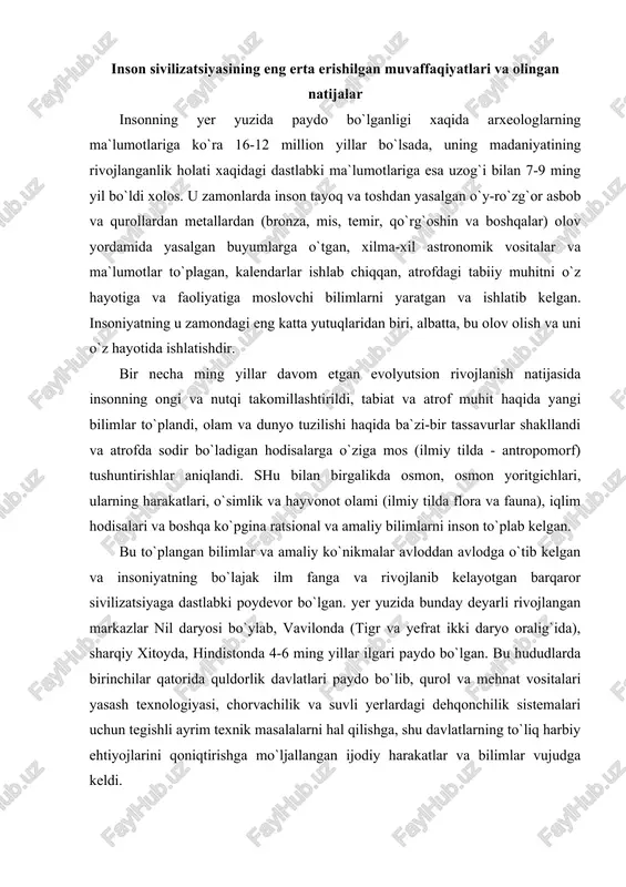 ar qatorida quldorlik davlatlari paydo bo`lib, qurol va mehnat vositalari yasash texnologiyasi, chorvachilik va suvli yerlardagi dehqonchilik sistemalari uchun tegishli ayrim texnik masalalarni hal qilishga, shu davlatlarning to`liq harbiy ehtiyojlarini qoniqtirishga mo`ljallangan ijodiy harakatlar va bilimlar vujudga keldi. ijtimoiy ehtiyoj va o`zaro savdo qilish jarayonlar davlatlarda o`zligini yozuvini va alifbelarini yaratilishiga hamda astronomik va matematik bilimlarni rivojlanishiga olib keldi. masalan uzunliklarni, doira yuzasini, geometrik shakldagi jismlarni xajmini hisoblash usullari, sonlarni kvadrat va kublarga oshirish formulalari mavjud edi. hozirgi zamon matematikasida ma`lum bo`lgan pifagor soni, pifagor teoremasi kabi ko`pgina tushuncha va qoidalar pifagor (582-500 y.y. bizning eradan oldingi era) yashagan davrdan ming yil ilgari qadimiy misr va vavilonda mavjud edi. (masalan, pifagor soni 3,14... o`rniga barcha hisob-kitoblarni olib borishda unga xaqiqatga juda yaqin son, ya`ni - 3,16 olingan. arximed esa aylananing uzunligi uning diametridan 22/7 marta katta deb hisoblagan). qishloq xo`jaligi chorvachilik, dehqonchilik bilan shug`ullanish uchun tabiiy bilimlar o`rtasida astronomiya bo`yicha …