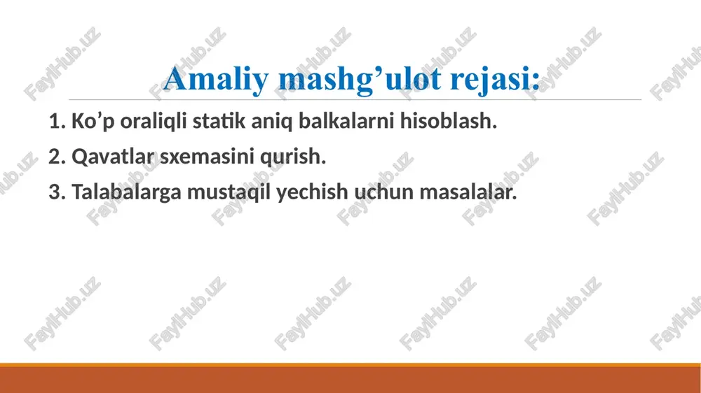 o'zgarmas bo'lsin. sm-tayanch sterjinlari soni 3-statika tenglamalar soni. st – 3 = 6 - 3 = 3 sharnirlarni to'g'ri joylashtirishning 3 xil usuli bor: geometrik o'zgarmas oddiy balkalar bir-biri bilan sharnirlar yordamida ulangan. sharnirlar balkalarning gorizontal yo'nalishda qo'zg'alishiga yo'l bermaydi. balkalarning vertikal yo'nalishdagi qo'zg'almasligi tayanch sterjenlari orqali ta'minlaiadi. shularga asoslanib, berilgan ko'p oraliqli balka geometrik o'zgarmas sistema ekan, degan hulosaga kelamiz. qavatlar sxemasi ikki hil balkalardan tashqil topadi: asosiy va ikkinchi darajali balkalar. asosiy balkalar o'ziga qo'yilgan yuklardan tashqari ikkinchi darajali balkalarga qo'yilgan yuklarni ham (to'laligicha yoki qisman) qabul qiladi. asosiy balkalarga tayanib turuvchi balkalar ikkinchi darajali (osma) balkalar deyiladi. ikkinchi darajali balka sinsa, asosiy balkaning ishiga putur etmaydi. asosiy balka sinsa, osma balka ham qulab tushadi. qavatlar sxemasida asosiy balka birinchi qavatda joylashadi (3.5- rasm, b da chapdan birinchi balka). osma balkalar asosiy balkaning ustiga joylashadi (3.5- rasm, b da chapdan ikkinchi va uchinchi balkalar). bu erda shuni ta'kidlab …