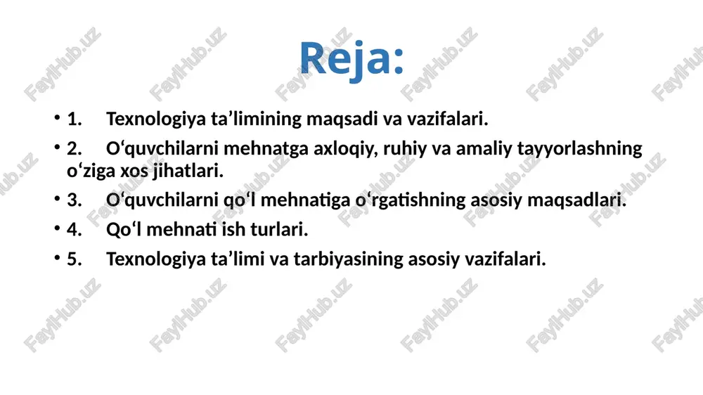 i jamoa asosida tashkil etish; 7. mehnatga hayotiy zururat, inson faoliyatining asosi sifatida mu- nosabatda bo‘lish; 8. mehnatni ilmiy asosda tashkil etish borasida mehnat ko‘nikmasi va malakalarini shakllantirishni yuzaga keltirish; 9. o‘quvchilarda mehnatsevarlik xislatini tarbiyalash; o‘z mehnati samarasidan g‘ururlanish tuyg‘usini shakllantirish; 10. muayyan kasb-hunar sirlarini o‘zlashtirishga erishish va hoka- zolar. mehnat ta’limi va tarbiyasini tashkil etishda quyidagi vazifalar amalga oshiriladi: 1. mehnatning mohiyatini anglatish orqali o‘quvchilarga mehnat- ning shaxs kamoloti va jamiyat taraqqiyotidagi rolini yoritib berish; 2. inson mehnati hamda mehnat mahsuli bo‘lgan moddiy va ma’naviy ne’matlarni qadrlash, asrab-avaylashga o‘rgatish; 3. mehnat qilishga nisbatan rag‘batni, shuningdek, muhabbatni uyg‘otish; 4. o‘quvchilarning mehnatga ijtimoiy burch sifatida yondashuv- larini yuzaga keltirish; 5. mehnat faoliyatini tashkil etishga ongli ravishda, vijdonan yon- dashishni odatlantirish; 6. mehnat faoliyatini jamoa asosida tashkil etish; 7. mehnatga hayotiy zururat, inson faoliyatining asosi sifatida mu- nosabatda bo‘lish; 8. mehnatni ilmiy asosda tashkil etish borasida mehnat ko‘nikmasi va malakalarini shakllantirishni yuzaga …