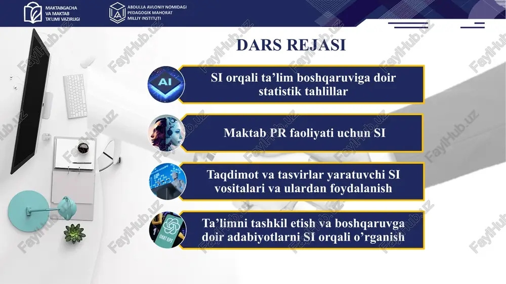 natural reader dasturi 9 heygen dasturi interfeysi 10 sun’iy intellekt vositalari gamma app gamma app — bu sun'iy intellekt yordamida taqdimotlar, hujjatlar va veb-sahifalar yaratishga imkon beruvchi vosita bo'lib, dizayn yoki kodlash ko'nikmalarini talab qilmaydi 11 12 sun’iy intellekt vositalari leonardo ai leonardo ai — bu sun'iy intellekt yordamida yuqori sifatli tasvirlar, san'at asarlari va videolar yaratishga imkon beruvchi platforma bo'lib, foydalanuvchilarga o'z loyihalarini tezkorlik bilan amalga oshirishda yordam beradi 13 amaliyot , 14 leonardo ai platformasida tasvir yarating. so’rovni ingliz tilida yozing. tarjima uchun google translate dasturidan foydalaning. adabiyotlarni si orqali o’rganish 15 kitobning qisqacha mazmunini so‘rash agar biror kitobning asosiy g‘oyalarini tushunmoqchi bo‘lsangiz, chatgpt vositasiga kitob nomini yozish talab etiladi. misol: "deep learning" (ian goodfellow) kitobining asosiy mazmunini aytib bera olasanmi?" kitobning muayyan bo‘limi yoki mavzu bo‘yicha tushuntirish so‘rash agar kitobning aynan qaysidir qismi sizga kerak bo‘lsa, chatbotdan aniqroq so‘rang. misol: "artificial intelligence: a modern approach" kitobidagi “ekspert …