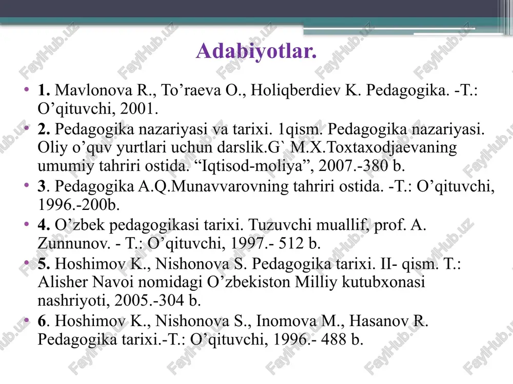 lardan tashqari «o`quvchi», «o`qituvchi», «metod», «intizom», «jamoa», «irsiyat», «muhit», «direktor» kabi tushuncha-nomlar mavjudki, bu haqida mavzular yuzasidan fikr yuritilganda alohida to`xtaymiz. tarbiya haqidagi g’oyalarning rivojlanishida imom buxoriy, at-termiziy, abu nasr forobiy, ibn sino, abu rayxon beruniy, yusuf xos xojib, axmad yassaviy, naqshbandiy, navoiy, behbudiy, abdulla avloniy va boshqalarning xizmatlari kattadir. prezidentimiz aytganlaridek: «fuqarolar endi ijtimoiy-iqtisodiy jarayonlarning ishtirokchisi, bajaruvchisi emas, balki bunyodkori va tashkilotchisidir». bunday yangicha yondashishlar pedagogika fanining ob`ekti va predmetini kengaytirdi. endilikda pedagogika fanining ob`ekti faqat ta`lim-tarbiya jarayonining nazariy, metodologik amaliy ta`minlovchi emas, balki komil inson shakllanishi, rivojlanishini ta`minlaydigan keng sohalarni o`z ichiga oladi. shuning uchun, «kadrlar tayyorlash milliy dasturida»gi milliy modelida shaxs kadrlar tayyorlash tizimining bosh ob`ekti va sub`ekti sifatida qaraladi. bundan tashqari pedagogika fani oldiga yangicha fikrlaydigan, yangicha tafakkur, milliy mafkuraga ega komil insonni shakllantirish vazifalari qo`yildi. pedagogikaning asosiy kategoriyalari pedagogika ta`lim-tarbiya maqsadini jamiyat talablariga va o`quvchilarning yosh hususiyatlariga qarab mazmunan o`zgarib borishini o`rgatadi, mukammal inson tarbiyasining …