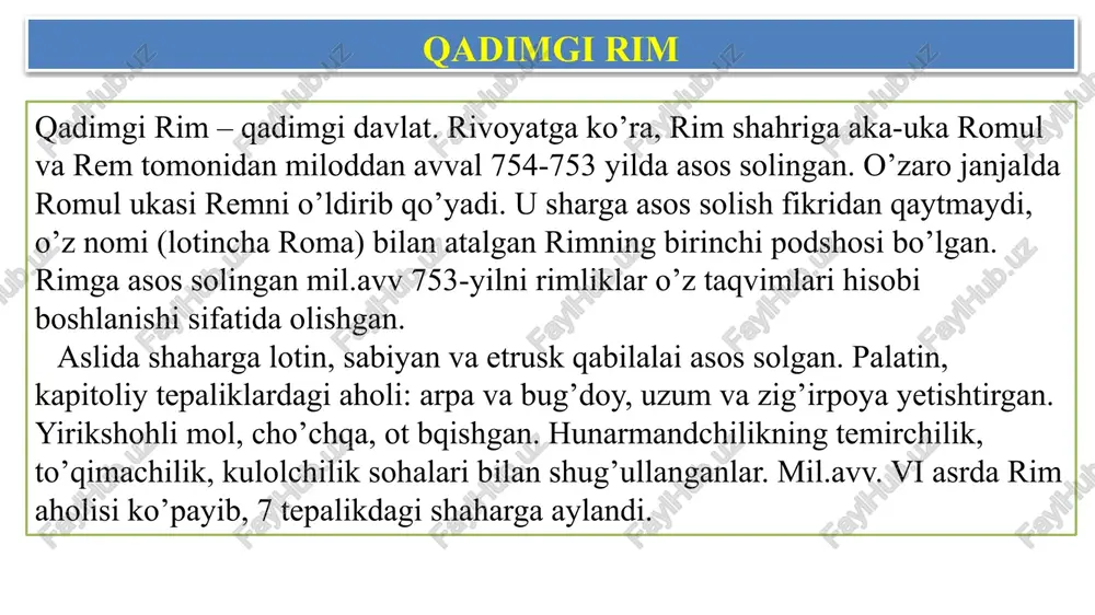 liya deb nomlangan. yarimorol hayvonot va yer osti qazilmalariga ham boy. iqlimi yumshoq, yoqimli va seryomg’ir. yarimorolning qulay geografik muhiti qadim zamondan boshlaboq ibtidoiy odamlar e’tiborini o’ziga tortgan. arxeolog olimlar yarimorolning ko’p joylaridan qadimgi tosh asriga mansub odamlarning makonlarini, qurollarini, suyaklarini va g’or devorlariga chizilgan rasmlarini topishgan. bu ashyolar apennin yarimorolida odamlar qadim zamonlardan boshlab yashay boshlaganini bildiradi. keyinchalik yarimorolda aholi zichlashib alohida urug’ va qabilalarga birlashib yashaganlar. miloddan avvalgi ii mingyillik oxiri va i mingyillikning birinchi yarmida yarimorolda ligur, etrusk, venet, lotin, samnit va boshqa qabilalar yashaganlar. miloddan avvalgi i mingyillikning ikkinchi yarmidan boshlab yarimorolga janubdan yunonlar, shimoldan esa gallar kirib kelib joylashganlar. rim hukmdorlari muhim masalalarni muhokama qilish uchun xalq majlisini chaqirar edi. xalq majlisi uqush e’lon qilar, sulh tuzar, qonunlarni qabul qilar va bekor etar, barcha muhim mansabdor shaxslarni tayinlar edi. bu majlisning qarorini senat tasdiqlar edi, lotinchadan tarjima qilganda “senat” so’zi “oqsoqollar kengashi” degan ma’noni anglatadi. …