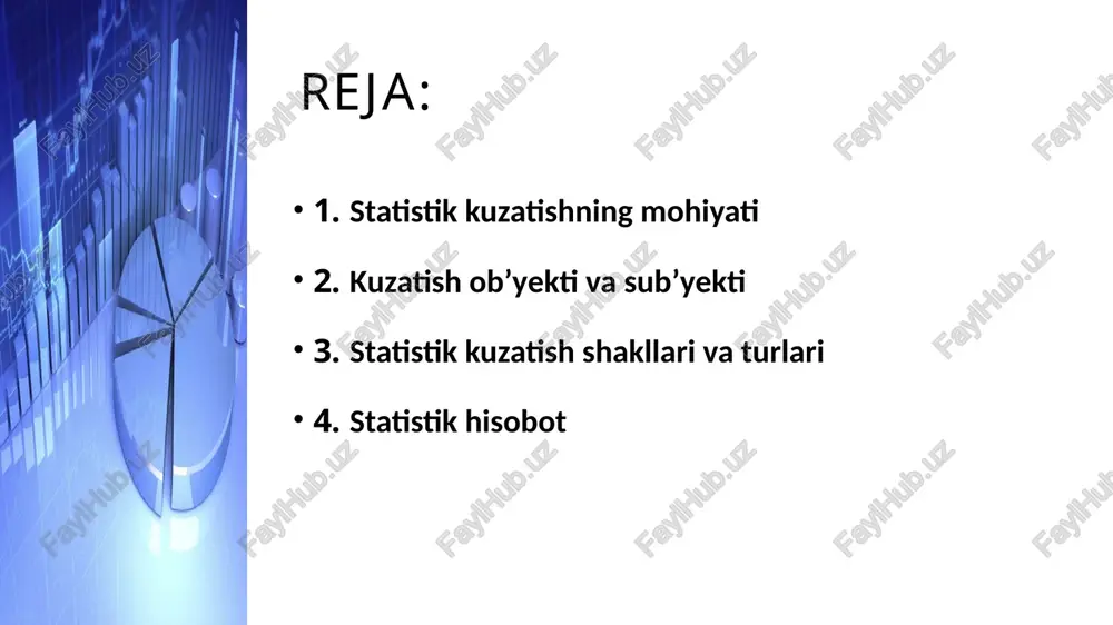 shiriladigan ishlar quyidagi uch bosqichda amalga oshiriladi: kuzatish obyektlarini qayd qilish ma’lumotlarni bevosita yig‘ish to‘plangan ma’lumotlarni tekshirish va nazorat qilish 2. kuzatish ob’yekti va sub’yekti kuzatish ob’yekti - bu tekshirish o'tkaziladigan hodisa va jarayonlar yig‘indisi yoki statistik ma’lumotlar qayd qilinadigan aniq chegara miqdori (oralig‘i)dir. masalan, aholi ro'yxati o'tkazilavotgan bo'lsa, biz aniq belgilab olishimiz kerak, qaysi aholini ro‘yxatga olmoqchimiz: mavjud aholinimi yoki doimiy aholinimi? tijorat korxonalarini ro'yxatga olish uchun, oldin aniq bilishimiz kerakki, qaysi korxonalar tijorat korxonalari bo‘lib hisoblanadi? kuzatish dasturi - bu kuzatish davomida yig‘ilishi kerak bo‘lgan savollar yoki qayd qilinishi lozim bo‘lgan belgilar va ko‘rsatkichlar ro'yxatidir. u qisqa, tushunarli bo‘lishi kerak va faqat aniq javob olinishi mumkin bo‘lgan, shubha tug‘dirmaydigan va bir-birining javoblarini nazorat qila oladigan savollardan tashkil topgan bo‘lishi kerak. dastur tuzish statistik kuzatishning eng og‘ir va mas’uliyatli bosqichidir. kuzatish birligi - bu hisob asosi yoki kuzatishda qayd qilish belgisiga ega bo‘lgan birlikdir. kuzatish birligi bo‘lib aholi ro‘yxatida …