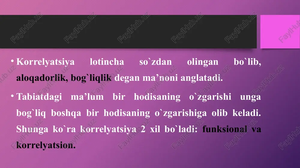 kuchli 1 – 0,7 1 – 0,7 o`rta 0,7 – 0,3 0,7 – 0,3 kuchsiz 0,3 – 0 0,3 – 0 xullas korrelyatsiya koeffitsiyenti 1 dan katta bo`lmaydi va 0 dan kichik bo`lmaydi. 0 koeffitsiyent hodisalar orasida bog`liqlik yo`qligini bildiradi. korrelyatsiya koeffitsiyenti “r” bilan belgilanadi. korrelyatsiya koeffitsienti korrelyatsiya koeffitsienti – bu ikki yoki undan ortiq o`zgaruvchilar o`rtasidagi statistik bog`liqlikni ifodalovchi raqamli ko`rsatkich. u ikki o`zgaruvchining o`zaro bog`liqligining kuchini va yo`nalishini o`lchashga imkon beradi. korrelyatsiya koeffitsienti, bir-biriga bog`liq o`zgaruvchilarga ega bo`lgan real dunyodagi muammolarni statistik tahlil qilishda keng qo`llaniladi. 9 korrelyatsiya koeffitsientini hisoblash turlari pirson koeffitsienti pirson korrelyatsiya koeffitsienti, ikki o'zgaruvchining chiziqli bog'liqligini o'lchaydi. u -1 dan +1 gacha bo'lgan qiymatlarni oladi, bunda -1 kuchli teskari korrelyatsiyani, 0 korrelyatsiya yo'qligini, +1 esa kuchli to'g'ri korrelyatsiyani ko'rsatadi. spirman koeffitsienti spirman korrelyatsiya koeffitsienti, ikki o'zgaruvchining o'zaro bog'liqligini ranglar bo'yicha baholaydi. u ham -1 dan +1 gacha bo'lgan qiymatlarni oladi va pearson korrelyatsiyasiga o'xshash …