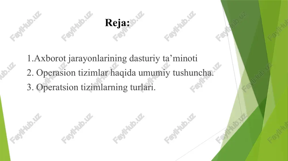 ter texnikasi va dasturiy ta'minot resurslarini boshqaradigan va kompyuter dasturlari uchun umumiy xizmatlarni ko'rsatadigan tizim dasturidir. bu sizning kompyuteringizning ishlashini ta'minlaydigan asosiy dasturlar va yordam dasturlari to'plami. masalan, operatsion tizim dasturlar va kompyuter apparatlari o'rtasida vositachilik vazifasini bajaradi va kirish, chiqish va xotira ajratish kabi funktsiyalarni osonlashtiradi. bu shuni anglatadiki, os kompyuterdagi eng muhim dasturiy ta'minotdir. shuningdek, bu foydalanuvchilarga kompyuter tilida gapirishni bilmasa ham kompyuter bilan aloqa qilish imkoniyatini beradi. operatsion tizimsiz kompyuter ishlay olmaydi. hozirgi paytda operatsion sistemaning bir necha turlari mavjud. mac os x operatsion tizimi, linux-operatsion tizimi, unix operatsion tizimi, windows operatsion tizimi, windows operatsion oilalari keng tarkalgan bo‘lib bular o‘znavbatida bir necha turlarga bo‘linib ketadi. mac os apple ning asosiy oyna ko‘rinishi. unix operatsion tizimi ajratilga . linuxda foydalanuvchining interfeysi windows operatsion tizimining oilasi .windows - bu operatsion tizim (ot), ya’ni maxsus dastur bo‘lib, u inson bilan kompyuter o‘rtasida muloqotni o‘rnatadi hamda kompyuterning barcha qurilmalarining ishini …