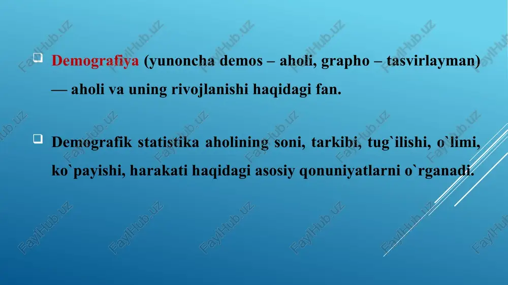 holi soni 19 mln 905 ming kishini tashkil etgan. keyingi rasmiy aholini ro`yxatga olish hozircha amalga oshirilmagan, ammo bu 2026-yilga mo`ljallangan. hozirda o`zbekiston aholisining soni 37,5 mln kishi bo`lib, erkaklar 18,9 mln, ayollar 18,6 mlnni tashkil qiladi. aholini ro`yxatga olish 16.03.2020-yildagi “aholini ro`yxatga olish to`g`risidagi” qonun orqali amalga oshiriladi. aholi soni o`zgarishi (milliardlarda). hindiston 2025-yil 1999-yil 1.5 0.3 xitoy 2025-yil 1999-yil 1.4 1.2 dunyo 2025-yil 1999-yil 8.1 5.9 aholi sonidan tashqari uning yoshi ham muhim. 20 yoshgacha bo`lganlar standart guruhlarga ajratilgan: 0-30 kun: chaqaloq 2-12-oy: emizikli bolalar 1-3 yosh: yasli yoshi 3-6 yosh: maktabgacha yoshdagi bola 7-10 yosh: kichik maktab yoshi 11-13 yosh: o`rta maktab yoshi 14-17 yosh: o`smirlar 18-19 yosh: harbiyga chaqiruv yoshi xkt-10 bo`yicha hisobot uchun ishlatiladigan yosh guruhlari quyidagicha ajratilgan: 1-guruh 2-guruh 3-guruh 1 yoshgacha 1 yosh 2 yosh 3 yosh 4 yosh 5-9 yosh 10-14 yosh 15-19 yosh 20-24 yosh 25-29 yosh 30-34 yosh 35-39 yosh …