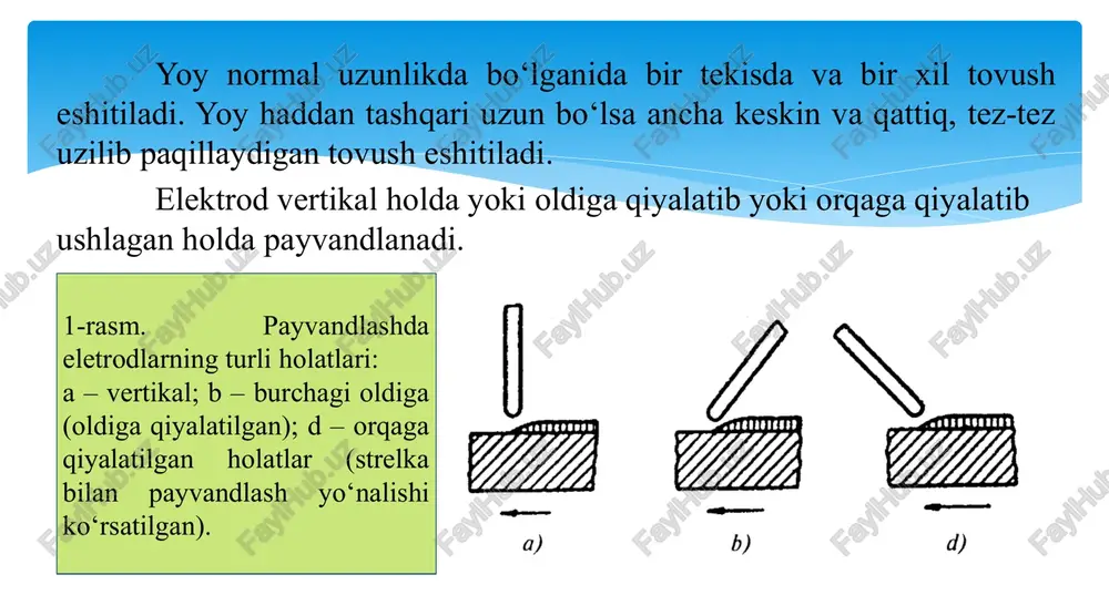 etall hamda yoy nuqta (3) ga qaytganiga qadar qotib qoladi va ana shu yerda metall chala payvandlanadi. bundan tashqari, payvandlashda ish unumi pasayib ketadi. 4-a rasmda metallning ikkala chetini, 4-b rasmda faqat bitta chetini qizdirish (masalan, qalinligi har xil listlarni payvandlashda) uchun elektrod uchini qanday harakat qildirish kerakligi ko‘rsatilgan. chokning o‘rtasini qizdirish uchun elektrod 4-d rasmda ko‘rsatilgan sxema bo‘yicha surib boriladi. 4-rasm. bitta qatlam hosil qilib payvandlashda yoy qiyalash qirrasidagi a nuqtada (5- a rasm) yondiriladi, so‘ngra elektrodni pastga surib chok tubi payvandlanadi va ikkinchi chetiga o‘tiladi. chokning to‘la payvandlanishi uchun chet qiyaligida elektrod sekin suriladi, chok tubida esa uning kuyib ketmasligi uchun tez suriladi. 5-rasm bir necha qatlamdan iborat chok hosil qilib uchma-uch payvandlashda dastlab chok tubi diametri 4–5 mm elektrod bilan payvandlanadi, so‘ngra diametri kattaroq elektrodlar bilan keyingi qatlamlar eritib yotqiziladi; keyingi qatlam valiklari kengroq bo‘ladi (5-b,d rasm). navbatdagi qatlamlarni eritib yotqizishdan oldin avvalgi qatlamlarning sirti shlak va …