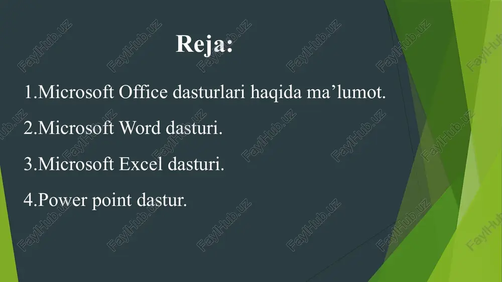 atish, chop etish, formulalarni yozish, jadvallar bilan ishlash kabilarni bajarish bo’yicha ko’nikmalar hosil qilish. ms word matn muharririga pusk-programmi-ms office-ms word tartibida ishga tushiriladi.yangi hujjat standart uskunalar panelida “sozdat” piktogrammasini tanlash orqali yaratiladi. hujjat tayyorlash va tahrirlashda qo`llaniladigan funktsional tugmachalar. ctrl + a - barchasini ajratish. ctrl + c - matn fragmentini nusxalash. ctrl + v - matn fragmentini qo`yish. ctrl + z – bir amalni orqaga qaytarish. ctrl + e - o`ng tomondan tekislash. ctrl + r - markaz bo`yicha tekislash. ctrl + y - kenglik bo`yicha tekislash. 3.microsoft excel dasturi. ms office paketidagi jadval protsessori deb ataluvchi ms excel dasturi elektron jadvallar tayyorlash va ularga ishlov berishga mo’ljallangan bo’lsada, iqtisodiy masalalar echilsada, uning tarkibiga kiruvchi bositalar formulalar boyicha hisoblash ishlarini olib borish, grafik va diagrammalar yasashga ham katta yordam beradi. elektron jadvalning asosiy elementlari yacheyka va diapozondir. yacheyka – bu jadvaldagi manzili ko’rsatiladigan hamda bir qator va bir …