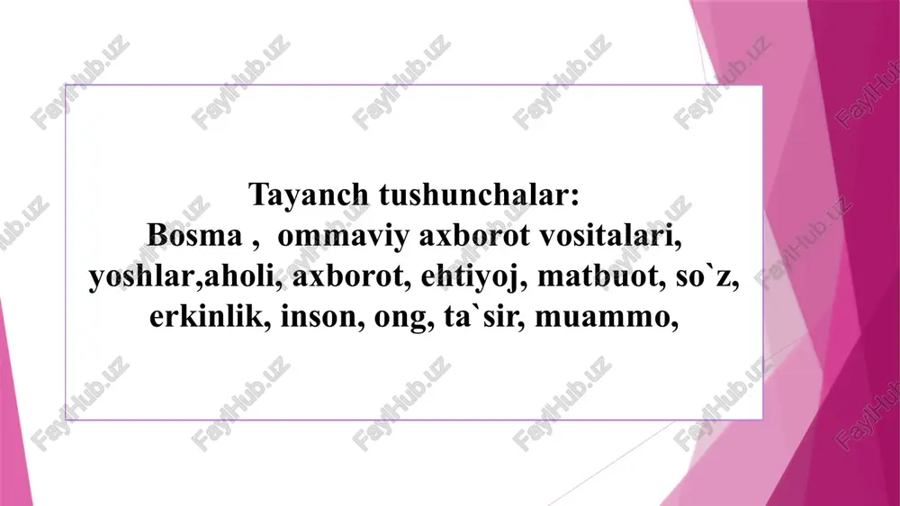 tda bosilgan, televideniyedan, radiodan aytilgan gaplarga ishonch bilan qaraydi. chetdan turib bizga qarshi ish olib borayotgan informatsion markazlar ham shundan foydalanib qolishga urinadi”. demak, bizga qarshi ish olib boradiganlar oavdan qanday foydalanadi, degan savolga muxtasar javob topishga harakat qilamiz. bu borada mavzuga kengroq yondashamiz. ya’ni, chetdan “axborot xuruji” qilishlaridan tashqari o’zimiz ham qay darajada bo’lmasin xatoliklarga yo’l qo’ymayapmizmi, bundan o’z o’quvchilarimiz qay darajada bo’lsa-da ma’naviy zarar ko’rmayaptimi, degan savolga ochiqcha javob berishimiz maqsadga muvofiqdir. gazeta-jurnal, radio, televideniye, internet jamoatchilik ongiga va axoli shakllantirishda axboratlar qanday tizimga ega bo’lishi kerak. - afzalli; - burch; - vijdon; - sha’n; - axloqiy ideal; - adolat; - baxt-saodat; - milliy-ta’lim tarbiya; - milliy-madaniy meros; - sharqona odob; - milliy urf-odatlar; - mehr-oqibat; - osoyishtalik; - xotirjamlik; - sihat-salomatlik; - daxldorlik; - hamkorlik va hamjihatlik tarzida qarash mumkin. bundan ham yomoni: chetdan “axborot xuruji” qiluvchilar asosan radiodan “samarali” foydalanib kelayotganidan ko’z yuma olmaymiz. ayniqsa, “amerika …