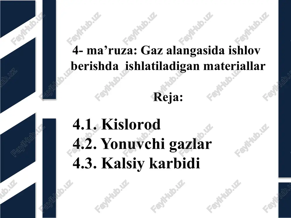 slorod payvandlash va kesishda yonuvchi gazlar sifatida atsetilen, vodorod, propan, butan, neft gazlari, tabiiy gaz va boshqa yonilg‘ilar shuningdek, benzin hamda kerosin bug‘lari ishlatiladi (4.1-jadval). 4.2. yonuvchi gazlar. yonuvchi gazlar, ularning tarkibi 20°c dagi va normal bosimdagi zichligi, kg/m3 kislorodda yongandagi alangasining harorati, °c atsetilen-ni almash- tirish koeffitsi-enti kalakka beriladi gan 1 m3 gazga kislorod miqdori atsetilen c2h2 1,17 3200 1,0 1,1...1,7 vodorod h2 0,089 2500 5,2 0,4 metan ch4 0,67 2200–2700 1,6 1,5 tabiiy gaz: 94...98% ch4 va 2...6% yonmaydigan aralashmalar 0,73–0,9 1850–2200 1,5 1,5–2,0 propan c3h8 1,88 2750 0,6 3,5 butan c4h10 2,54 2500 0,45 4,0 propan-butan aralashmasi: 85% c3h8, 12% c4h10 va 3% c2h6 1,92 2500–2700 0,6 0,6 koks gazi: 50% h2, 25% ch4 8...10% co3h, 15...17% yonmaydigan aralashmalar 0,4–0,55 2200 3,2 0,6 neft gazi: 12% h2, 50% ch4 va c3h8 aralashmasi, 28% boshqa uglevodorodlar va 10% aralashma 0,87–1,37 2200–2300 1,2 0,65 benzin bug‘i c7h15 0,7–0,75 2300–2400 …