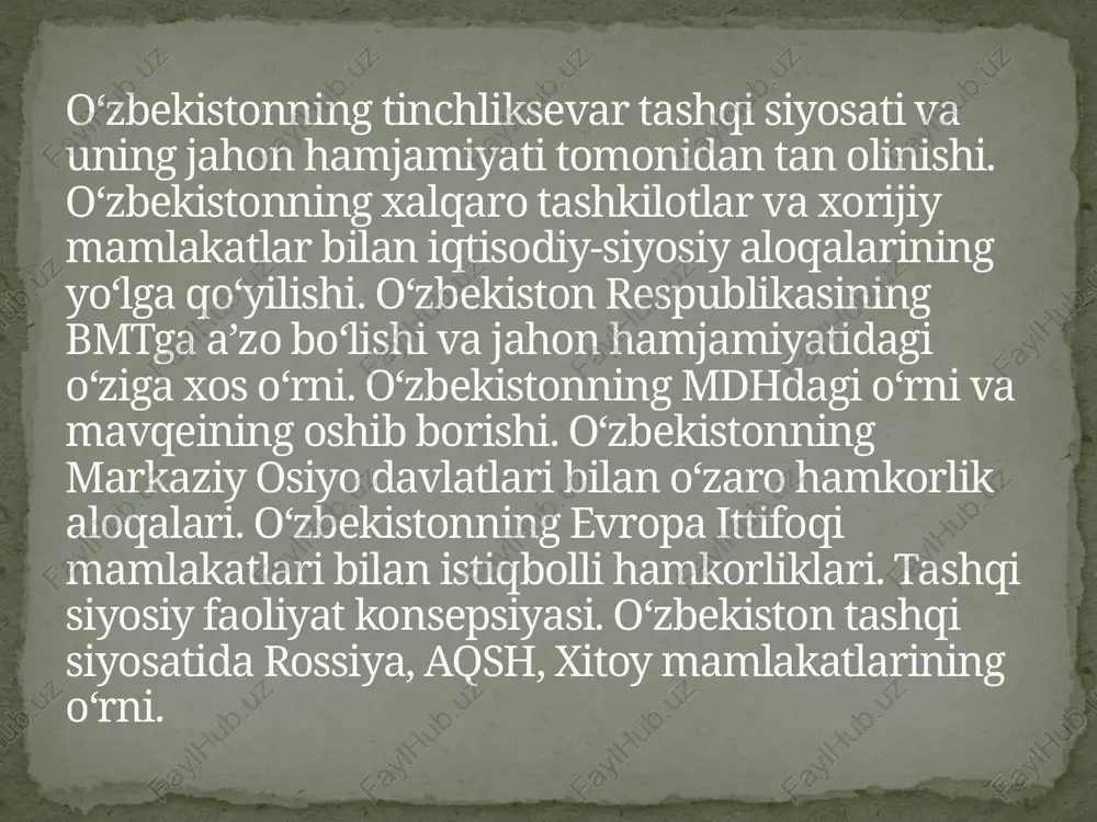 ntirish orqali xalqparvar davlat barpo etish; • mamlakatimizda adolat va qonun ustuvorligi tamoyillarini taraqqiyotning eng asosiy va zarur shartiga aylantirish; • milliy iqtisodiyotni rivojlantirish, uning o‘sish sur’atlarini zamon talablari darajasida ta’minlash; • adolatli ijtimoiy siyosat yuritish, inson kapitalini rivojlantirish; • ma’naviy taraqqiyotni ta’minlash, ushbu sohani tubdan isloh etish va yangi bosqichga olib chiqish; • umumbashariy muammolarga milliy manfaatlardan kelib chiqqan holda yechim topish; “o‘zbekiston respublikasining xalqaro reyting va indekslardagi o‘rnini yaxshilash hamda davlat organlari va tashkilotlarida ular bilan tizimli ishlashning yangi mexanizmini joriy etish” borasidagi davlat siѐsati, huquqiy-normativ hujjatlarning qabul qilinishi, mazkur yo‘nalishdagi ishlarning samaradorligiga to‘siq bo‘laѐtgan muammolarni bartaraf etish yuzasidan olib borilaѐtgan chora-tadbirlar: jamiyatni demokratlashtirish, ilg‘or xalqaro tajribaga asoslangan davlat va jamiyat qurilishi sohasidagi islohotlarni yanada chuqurlashtirish, axborot-kommunikatsiya texnologiyalari infratuzilmasini rivojlantirish, ta’lim tizimini takomillashtirish, xususiy tadbirkorlikni rivojlantirish, xalqaro savdoda xususiy tadbirkorlikning raqobatbardoshligini oshirish, innovatsiyani rivojlantirish va boshqalar. 2017-yil o‘zbekiston va tojikiston munosabatlarida ham yangi sahifa ochildi. shu yil may …