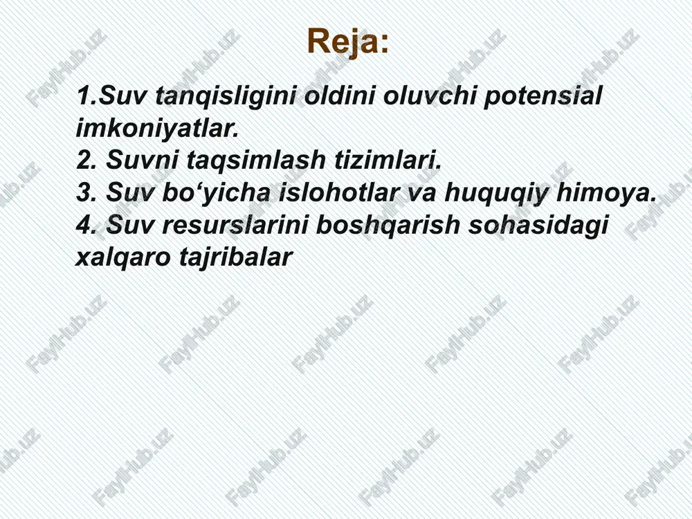 rti bo‘ylab oqimi;  suvning o‘zandagi oqimi;  chuchuk suv to‘planishi;  infiltratsiya;  yer osti suvlarining to‘planishi;  yer osti suvlarining qayta yerustiga chiqishi;  buloq. yer yuzidagi chuchuk suvning 24 mln. km3 qutb muzliklari tarkibida va baland tog‘liklardagi uzliklarda tarqalgan. muzliklar quruqlikning 10 %ini tashkil qiladi. muzlarning umumiy massasi juda katta. agar ular quruqlik yuzasi bo‘ylab tarqatilsa, qalinligi 100 metrdan ortiq muz qatlami hosil bo‘ladi. agar ularni eritib yuborishning iloji bo‘lganda, undan hosil bo‘lgan suv dunyo okeanlari suviga qo‘shilib, uning sathi bir necha 10 metrga ko‘tarilib, aholi yashaydigan hududlarning ko‘p qismini suv bosar edi. o‘zbekiston respublikasining umumiy maydoni 450 ming km kv. bo‘lib, bu hududda oqib turadigan suv hajmi 117 km kubni tashkil qiladi. inson organizmi uchun ham, hayvonlar uchun ham suvning ahamiyati beqiyosdir. ovqat hazm qilish jarayoni organizmning muhim suv muhitida kechadigan funksiyasidan biridir. yer yuzida yashovchi har qanday mavjudot massasining asosiy qismini suv tashkil qiladi. masalan, …