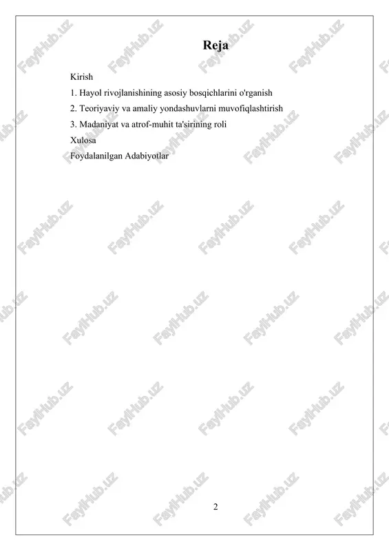 ni rivojlantirishning asosiy bosqichlarini, nazariy va amaliy yondashuvlarni muvofiqlashtirishni hamda madaniyat va atrof-muhitning ta’sirini o‘rganishga qaratilgan bo‘lib, bu sohada yangi yondashuvlar va ilg‘or metodlarni ishlab chiqishga xizmat qiladi. i. hayol rivojlanishining asosiy bosqichlarini o'rganish hayol rivojlanishining asosiy bosqichlarini o‘rganish bolalar psixologiyasida muhim ahamiyatga ega bo‘lib, bu jarayonning bosqichma-bosqich rivojlanishini tushunish bolalarning rivojlanishining umumiy yondashuvlarini shakllantirishga yordam beradi. bu bosqichlar bolaning intellektual, ijodiy va fantaziya qobiliyatlarining qanday shakllanib, kengayib borishini ko‘rsatadi va ularning dunyoqarashini kengaytiradi. hayol rivojlanishining birinchi bosqichi, odatda, erta yoshdagi bolalarda, ya’ni 1-3 yosh oralig‘ida, o‘yin va fantaziya orqali namoyon bo‘ladi. bu davrda bolalar o‘zlarining muhitini o‘rganishga kirishadilar va o‘yinlar yordamida muhitni taqlid qilishadi. ular o‘zlarining ichki dunyosini va tashqi muhit bilan bog‘liq tasavvurlarini rivojlantiradilar. masalan, o‘yinchoqlar bilan o‘ynash yoki o‘zlarini boshqalar rolida tasavvur qilish orqali bolalar ilk bor hayol qilish qobiliyatini namoyon qiladilar. bu bosqichda bolalar uchun hayol kengayadi, ular o‘zlarining muhitini o‘zgartirishga harakat qiladilar, shuningdek, o‘yinlar orqali …