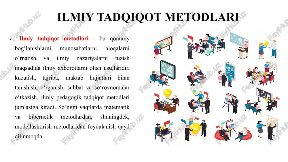 dagogik tajribani o‘rganish va umumlashtirishdan iborat. bu metoddan muvaffaqiyatli foydalanishning majburiy asosiy sharti shundan iboratki, o‘qituvchilar tajribasining tavsifi qo‘yilgan tadqiqot vazifasiga javob beradigan bo‘lishi kerak (bizning mamlakatimizda ilg‘or pedagogik tajribani o‘rganishga doir katta ish olib borilmoqda. bu tajribaning umumlashtirilishi ilmiy-amaliy konferensiyalarning va pedagogika o‘qishlarining materiallari to‘plamlarida, monografiyalarda va jurnal maqolalaridaaxboroy tehnologiyalarini qo‘llash jarayonida o‘z aksini topmoqda). tajriba tajriba - bu ham kuzatish bo‘lib, maxsus tashkil qilingan, tadqiqotchi tomonidan nazorat qilib turiladigan va tizimli ravishda o‘zgartirib turiladigan sharoitda o‘tkaziladi. pedagogik tajriba o‘qitishning va tarbiyalashning u yoki bu usulining, ko‘rsatma – qo‘llanmalarining samaradorligini tadqiq qilishda qo‘llaniladi. tajriba tajriba o‘tkazishdan oldin tadqiqotchi tadqiq qilinishi kerak bo‘lgan masalalarni aniq ifodalab olishi, bunday masalalarni hal qilinishi maktab amaliyotida va pedagogika fani uchun ahamiyatga ega bo‘lishi kerak. tajriba o‘tkazishdan oldin tadqiqotchi o‘rganish predmeti bo‘lmish masalaning nazariyasi va tarixi bilan, shuningdek, shu soha bo‘yicha amaliy ish tajribasi bilan tanishib chiqadi. tadqiqotda ilmiy farazni o‘rni katta ahamiyatga ega. …