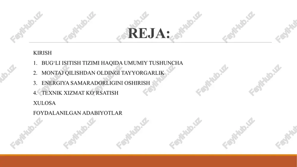 arqatadi va turli shakl hamda o‘lchamdagi panellardan iborat bo‘ladi. regulyatorlar va klapanlar tizim xavfsizligini ta’minlab, harorat va bosimni nazorat qiladi. bug‘li isitish tizimlarining afzalliklari orasida tez isitish, haroratni boshqarish osonligi va energiya samaradorligi mavjud. tez isitish tufayli xonalar qisqa vaqt ichida qulay haroratga yetadi, termostat va klapanlar yordamida har bir xona harorati individual nazorat qilinadi va kam yoqilg‘i sarfi bilan maksimal issiqlik hosil qilinadi. bug‘li isitish tizimlari turlicha bo‘lib, ularning eng ko‘p uchraydiganlari markazlashtirilgan va mahalliy (individual) tizimlardir. markazlashtirilgan bug‘li isitish tizimi bir nechta binolarni yoki butun uy-joy majmuasini bitta markaziy bug‘ generatori orqali isitadi. bu turdagi tizimning afzalliklari orasida energiya samaradorligi va texnik xizmatni markazlashgan holda olib borish mumkinligi bor, ammo kamchiligi shundaki, tizimdagi nosozlik butun hududning isitilishini buzishi mumkin. mahalliy (individual) bug‘li isitish tizimi esa faqat bitta bino yoki xonani isitishga mo‘ljallangan bo‘lib, foydalanuvchi haroratni mustaqil nazorat qilishi mumkin. bu tizimning afzalligi — har bir xona yoki bino …