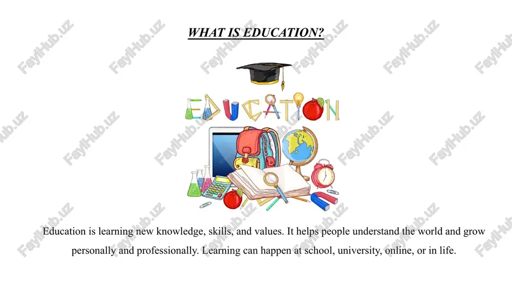 nal development. primary education primary education is the first stage of learning. it focuses on reading, writing, math, and basic skills. it is usually for children aged 6–11. higher education higher education is at university or college. it offers bachelor’s, master’s, or professional programs. it focuses on specialized knowledge and skills. postgraduate education postgraduate education is advanced study after a bachelor’s degree. it includes master’s, phd, or research programs. it helps students develop expertise in a specific field. summary education is important for gaining knowledge, skills, and personal growth. studying at university gives many advantages and opportunities. education can be full-time, part-time, or online. the stages of education are primary, secondary, higher, and postgraduate. thank you for your attention! image1.png image2.png image3.png image4.png image5.png image6.png image7.png image8.png image9.png image10.png image11.png image12.png image13.png image14.png /docprops/thumbnail.jpeg
