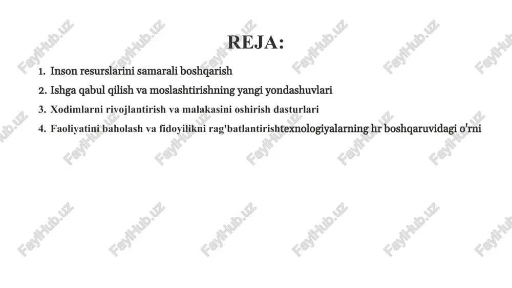 lar nafaqat maosh, balki ma'noli ish, rivojlanish imkoniyatlari va qulay ish muhitini qidirmoqdalar. 5 xodimlarni rivojlantirish va malakasini oshirish dasturlari "xodimlaringizga investitsiya kiritish - bu kompaniyangiz kelajagiga kiritilgan eng yaxshi investitsiya." doimiy o'qitish raqamli ko'nikmalar, yetakchilik va yumshoq ko'nikmalarni rivojlantirish uchun uzluksiz o'qitish dasturlarini joriy etish. shaxsiylashtirilgan rivojlanish rejalar har bir xodimning ehtiyojlari va intilishlariga mos keladigan individual rivojlanish rejalarini tuzish. mentoring va kouging tajribali xodimlar va mutaxassislardan mentoring va kouging xizmatlarini tashkil etish, bu orqali bilim va tajriba almashinuvini rag'batlantirish. 6 ish faoliyatini baholash va fidoyilikni rag'batlantirish maqsad qo'yish doimiy fikr baho ko‘rib chiqish tan olish va mukofot an'anaviy yillik baholash tizimlari o'rniga doimiy fikr-mulohaza, aniq maqsadlar qo'yish va xodimlarning erishgan yutuqlarini tan olishga e'tibor qaratilmoqda. bu xodimlarni motivatsiya qilish va ularning ish faoliyatini yaxshilashga yordam beradi. aniqlik va shaffoflik. maqsadlarga erishishni rag'batlantirish. doimiy rivojlanish va o'sish. 7 xodimlarning qiziqishini va motivatsiyasini oshirish ishchi madaniyatini rivojlantirish qadriyatlarga asoslangan ish …