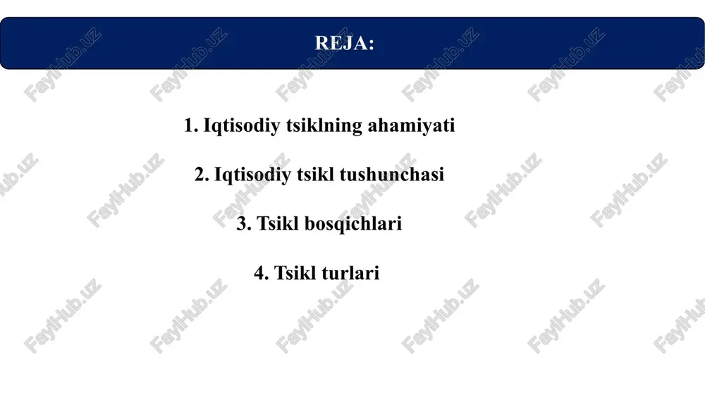 ashqi omillar (texnologik shoklar, siyosiy voqealar, xalqaro savdo) ta’sirida yuzaga keladi. iqtisodiy tsikllarni chuqur o‘rganish iqtisodiy siyosatni shakllantirish va iqtisodiyot barqarorligini ta’minlashda muhim rol o‘ynaydi. tsikllarni tahlil qilish orqali hukumatlar va markaziy banklar iqtisodiy o‘sish jarayonidagi tebranishlarni oldindan aniqlab, zarur choralarni ko‘rish imkoniga ega bo‘ladi. bu esa inqirozlarning salbiy oqibatlarini yumshatish va barqaror iqtisodiy rivojlanishni ta’minlashga xizmat qiladi.tsikl tahlili bandlik va investitsiya jarayonlarini barqarorlashtirishga, ishlab chiqarish hajmidagi keskin pasayishlarning oldini olishga yordam beradi. shuningdek, u iqtisodiy prognozlash sifatini oshiradi, davlat siyosatini aniq va maqsadli yo‘naltirish imkonini beradi.ko‘plab rivojlangan davlatlarda rasmiy tsikl monitoringi va baholash tizimlari joriy etilgan. masalan, aqshda nber (national bureau of economic research) iqtisodiy tsikllarni kuzatib boradi va rasmiy ravishda ko‘tarilish yoki pasayish bosqichlarini e’lon qiladi. bunday yondashuv iqtisodiy siyosatni samarali boshqarishga yordam beradi. iqtisodiy tsiklning ahamiyati tsikl bosqichlari iqtisodiy tsikl odatda to‘rt asosiy bosqichdan tashkil topgan bo‘lib, ularning har biri iqtisodiyotning muayyan holatini ifodalaydi. ko‘tarilish (expansion) — …