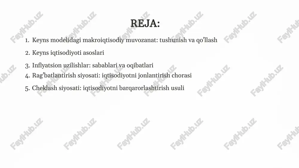 asidagi munosabatni vizualizatsiya qiladi. muvozanat rejalashtirilgan xarajatlar yaim ga teng bo'lgan joyda (45 darajali chiziq kesishmasida) yuz beradi. 45° chiziq: bu chiziq rejalashtirilgan xarajatlar (ae) yaimga (y) teng bo'lgan barcha nuqtalarni ifodalaydi. bu muvozanat shartidir. rejalashtirilgan xarajatlar (ae): iste'mol (c) + investitsiya (i) + davlat xarajatlari (g) + sof eksport (nx) yig'indisi. muvozanat nuqtasi: ae chizig'i 45° chiziqni kesib o'tgan joyda, iqtisodiyot muvozanatga erishadi. 5 umumiy talab (ad) va umumiy taklif (as) ning o'zaro ta'siri keyns xochi qisqa muddatli muvozanatni tushuntirsa, ad-as modeli iqtisodiyotning umumiy narx darajasi va ishlab chiqarish hajmi o'rtasidagi o'zaro ta'sirni ko'rsatadi. ad (umumiy talab): narx darajasi tushganda, talab ortadi (chunki xarid qobiliyati oshadi). as (umumiy taklif): qisqa muddatli as egri chizig'i narxlar oshganda ishlab chiqarish ko'payishini ko'rsatadi, ammo resurslar to'liq ishlatilishi bilan u tiklanib boradi. makroiqtisodiy muvozanat: ad va as egri chiziqlari kesishgan nuqtada narx va ishlab chiqarish muvozanati yuzaga keladi. bu nuqta to'liq bandlik darajasidan …