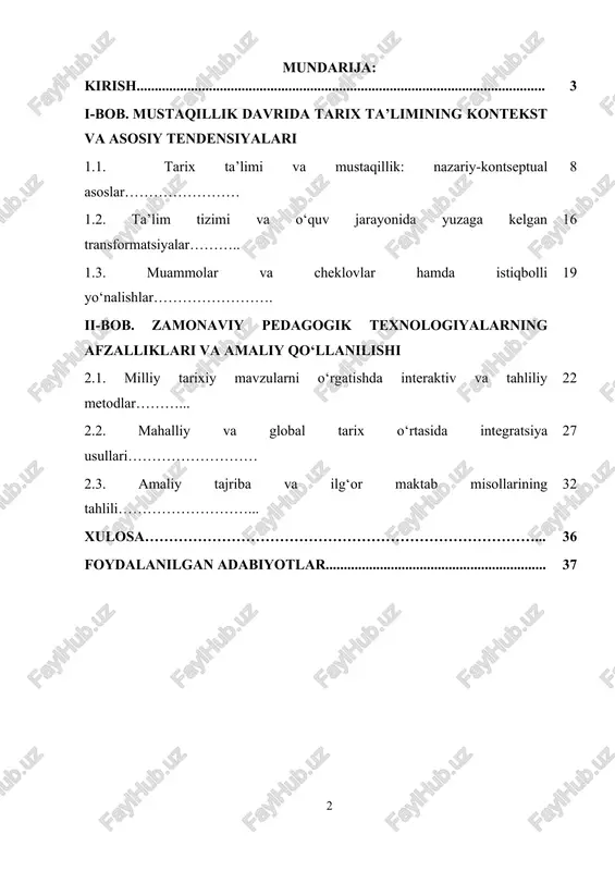ning kelajagi yo‘q[footnoteref:1]” degan fikrni ilgari surgan edi. bu so‘zlar mustaqillik davrida tarix faniga, tarix ta’limiga, tarixiy xotirani tiklashga bo‘lgan e’tiborning bosh g‘oyaviy mezoni bo‘lib xizmat qildi. tarix nafaqat o‘tmish haqidagi bilimlar majmuasi, balki xalqning o‘zligini anglash, milliy g‘ururini shakllantirish, mustaqil tafakkur va vatanparvarlikni tarbiyalash vositasi sifatida yangicha mazmun kasb etdi. shu ma’noda, mustaqil o‘zbekiston sharoitida tarix ta’limi mamlakat taraqqiyoti bilan bevosita bog‘liq bo‘lib, u davlat siyosati darajasiga ko‘tarildi. [1: karimov i.a. yuksak ma’naviyat — yengilmas kuch. – toshkent: ma’naviyat, 2008. – b. 47–48.] 1997-yil 29-avgustda qabul qilingan “ta’lim to‘g‘risida”gi qonun va “kadrlar tayyorlash milliy dasturi” o‘zbekistonda ta’lim tizimining yangilanishida burilish nuqtasini belgiladi. mazkur hujjatlar asosida tarix fani ham yangicha mazmun, metod va yondashuvlarga ega bo‘ldi. endilikda tarix ta’limi nafaqat faktlarni o‘rgatish, balki o‘quvchilarda tarixiy tafakkur, manba bilan ishlash, mustaqil xulosa chiqarish, sabab-oqibat aloqalarini tahlil etish ko‘nikmalarini shakllantirishga yo‘naltirildi. shu tariqa tarix darslari zamonaviy ta’lim metodlari, innovatsion texnologiyalar va interaktiv …