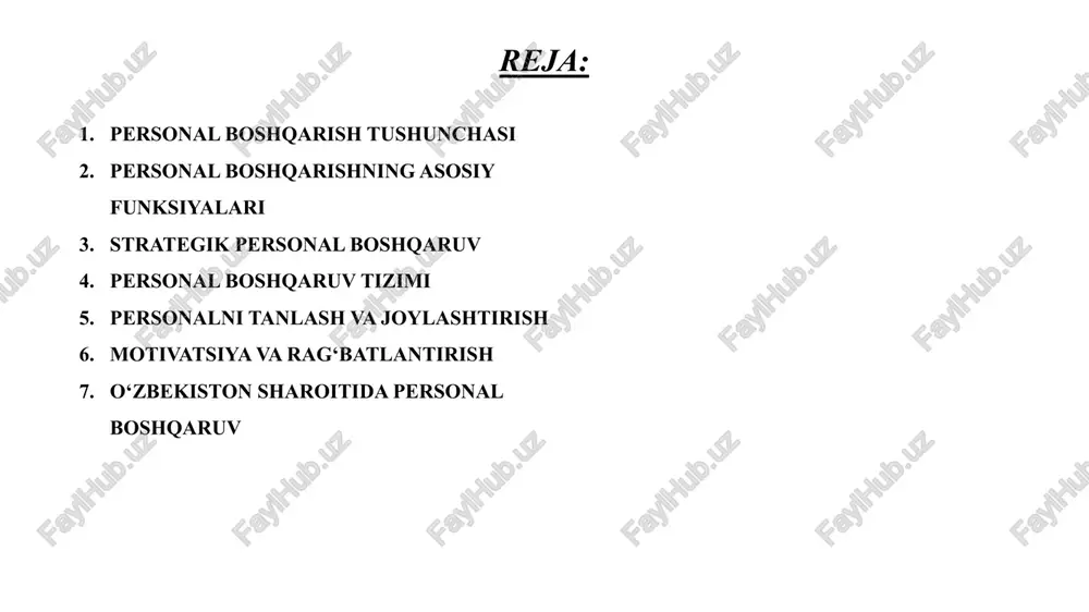 n chambarchas bog‘liq bo‘lib, xodimlarning motivatsiyasi, mehnat madaniyati va jamoaviy hamkorlikni rivojlantirishga katta ta’sir ko‘rsatadi. shuningdek, personal boshqaruvi tashkilotda ijtimoiy-psixologik muhitni yaxshilash, barqaror ish jarayonini yo‘lga qo‘yish va kadrlar siyosatini uzoq muddatli strategiya bilan uyg‘unlashtirishga xizmat qiladi. personal boshqarishning asosiy funksiyalari personal boshqarishning asosiy funksiyalari tashkilotda inson resurslarini to‘g‘ri rejalashtirish, samarali rivojlantirish va ularning mehnatini boshqarishga qaratilgan. avvalo, kadrlarni rejalashtirish va tanlash orqali tashkilot o‘ziga mos, malakali va raqobatbardosh xodimlarni jalb etadi. keyingi bosqichda xodimlarning kasbiy malakasini oshirish, ularni muntazam o‘qitish va rivojlantirish orqali tashkilotning intellektual salohiyati mustahkamlanadi. mehnat unumdorligini oshirish funksiyasi ishlab chiqarish samaradorligini ko‘tarish, xodimlarning ish jarayonini takomillashtirishga xizmat qiladi. motivatsiya va rag‘batlantirish tizimini yaratish esa xodimlarni faol, tashabbuskor va sadoqatli bo‘lishga undaydi. ish faoliyatini baholash va nazorat qilish orqali esa xodimlarning natijalari muntazam tahlil qilinib, samaradorlikni oshirish bo‘yicha zarur chora-tadbirlar belgilanadi. shuningdek, kadrlar zaxirasini shakllantirish kelajakda tashkilotning barqaror rivojlanishini ta’minlaydigan muhim strategik yo‘nalish hisoblanadi. strategik personal boshqaruv …