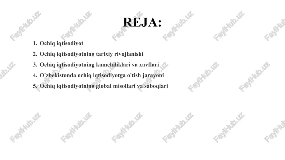 a – xalqaro tashkilotlar (jst, xmt) a'zoligi orqali. yopiq iqtisodiyotdan farqli o'laroq, ochiq model importni cheklamaydi, bu resurslarni samarali taqsimlashga yordam beradi. ilmiy jihatdan, ochiq iqtisodiyot milliy daromadni oshiradi, chunki u xalqaro bozordan foyda keltiradi. o'zbekistonda 2020-yildan boshlab amalga oshirilayotgan liberallashtirish islohotlari ochiq iqtisodiyotga o'tishning bir qismidir. ushbu tizim makroiqtisodiy barqarorlikni ta'minlaydi, ammo inflyatsiya va valyuta kursi o'zgarishlari kabi xavflarni keltirib chiqarishi mumkin. ochiq iqtisodiyotning samaradorligi mamlakatning raqobatbardoshligiga bog'liq bo'lib, bu haqda keyingi bo'limlarda batafsil to'xtalamiz. 4 ochiq iqtisodiyotning tarixiy rivojlanishi 1 meroszilik davr (xviii asr) merkantilizm davrida savdo cheklovlari hukmron edi, ammo adam smitning "xalqlar boyligi" asari erkin savdoni himoya qildi. 2 insonsizliq inqilobi (xix asr) buyuk britaniyada erkin savdo siyosati joriy etildi, bu sanoat rivojlanishiga turtki bo'ldi va global savdo tarmoqlarini shakllantirdi. 3 xx asr – globalizatsiya (1945-1990) birlashgan millatlar tashkiloti va gatt shartnomasi orqali xalqaro savdo qoidalari belgilandi, yevropa ittifoqi kabi bloklar paydo bo'ldi. 4 zamonaviy davr …