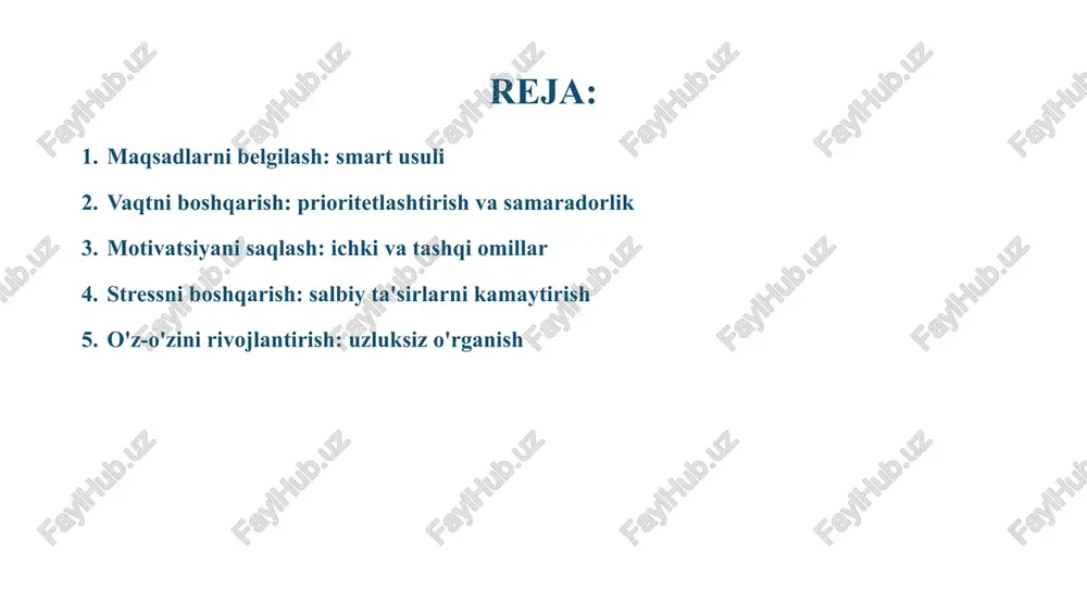 radorlik vaqtni samarali boshqarish — bu shaxsiy va kasbiy muvaffaqiyatning kaliti. prioritetlashtirish va samaradorlikni oshirish uchun quyidagi usullardan foydalaning: eyzenxauer matritsasi vazifalarni muhimligi va shoshilinchligiga ko'ra to'rt toifaga ajrating: 1. muhim va shoshilinch: darhol bajarish. 2. muhim, lekin shoshilinch emas: rejalashtirish. 3. shoshilinch, lekin muhim emas: delegatsiyaga berish. 4. shoshilinch ham emas, muhim ham emas: keraksizlarni yo'q qilish. pomodoro texnikasi bu usulda siz 25 daqiqalik fokusli ish davrlarini qisqa tanaffuslar bilan almashtirasiz. bu konsentratsiyani saqlashga va charchoqni kamaytirishga yordam beradi. vazifalarni guruhlash bir xil turdagi vazifalarni (masalan, elektron pochta xabarlarini tekshirish, qo'ng'iroqlarga javob berish) bir vaqtda bajarishga harakat qiling. bu miyani bir vazifadan ikkinchisiga o'tishga sarflanadigan vaqtni tejaydi. "ikki daqiqa qoidasi" agar biror vazifani ikki daqiqadan kamroq vaqt ichida bajarish mumkin bo'lsa, uni darhol bajaring. bu kichik vazifalar to'planishining oldini oladi. 5 kuchli odatlar yaratish: har kuni kichik qadamlar muvaffaqiyatga erishishda kuchli odatlar asosiy rol o'ynaydi. kichik, ammo doimiy qadamlar …