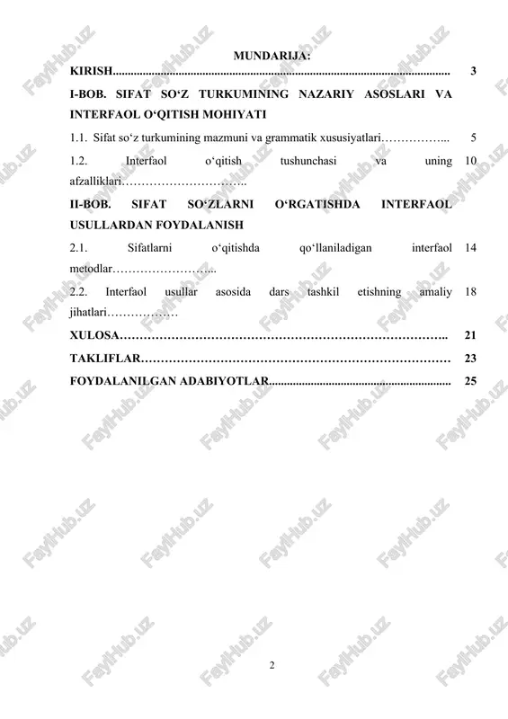 ativ qo‘llanilishini ta’minlashda yetarli samarani bermaydi. interfaol yondashuvlar (guruh ishlari, muhokama, loyihaviy vazifalar, rolli o‘yinlar, “think-pair-share” kabi texnikalar) esa o‘quvchilarning faolligini oshirib, lug‘at va grammatika elementlarini kontekst asosida mustahkamlashga yordam beradi. shu bois kurs ishida interfaol metodlarning pedagogik asoslari, ularni sifat so‘zlar mavzusi doirasida qo‘llash samaradorligi va amaliy jihatlari tahlil qilinadi. ta’lim sohasini yangilash va metodik jihatdan mustahkamlash o‘zbekiston davlat siyosatining ustuvor yo‘nalishlaridan hisoblanadi. so‘nggi yillarda maktab ta’limi sifatini oshirish, o‘qituvchilarning malaka oshishini kuchaytirish va ta’limning ilg‘or usullarini joriy etish masalalari bo‘yicha prezident rahbarligida bir necha yig‘ilish va taqdimotlar o‘tkazildi, ta’lim tizimini takomillashtirishga doir chora-tadbirlar belgilandi. davlat darajasida ta’limning ilmiy-metodik ta’minotini kuchaytirish maqsadida respublika miqyosida ilmiy-metodik markazlar tashkil etish va pedagogik tadqiqotlarni rivojlantirish bo‘yicha hukumat darajasida qarorlar qabul qilindi. bu hujjatlar ta’lim jarayonida yangi metodlarni sinovdan o‘tkazish va keng joriy etish uchun institutsional asos yaratadi. interfaol usullar sifat so‘zlar o‘qitilishida ham ushbu milliy strategiyalar bilan uyg‘unlashib, darslar mazmunini modernizatsiyalashga xizmat …