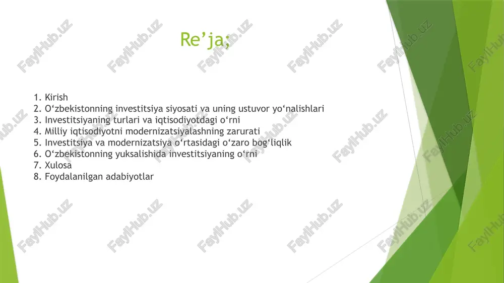 ar; 2022–2026 yillarga mo'ljallangan yangi o'zbekiston taraqqiyot strategiyasi — unda investitsiya siyosatiga alohida o'rin berilgan. o‘zbekistonning investitsiya siyosati va uning ustuvor yo‘nalishlari o‘zbekiston so‘nggi yillarda investitsiya muhitini yaxshilash, xorijiy sarmoyadorlar uchun qulay shart-sharoitlar yaratish borasida sezilarli islohotlarni amalga oshirdi. davlat investitsiya siyosati iqtisodiyotning strategik tarmoqlarini modernizatsiya qilish, infratuzilmani rivojlantirish va mahalliy ishlab chiqaruvchilarni qo‘llab-quvvatlashga qaratilgan. 2025-yilning dastlabki to‘qqiz oyida mamlakat iqtisodiyoti va ijtimoiy sohalarga jami 443,6 trillion so‘mlik asosiy kapital investitsiyalari yo‘naltirildi. bu ko‘rsatkich so‘nggi besh yil ichida 2,8 baravar oshganini bildiradi. shuningdek, 2025-yilgacha mo‘ljallangan investitsiya siyosati strategiyasi ishlab chiqilgan bo‘lib, u xorijiy investorlar huquqlarini kafolatlash, soliqqa tortish tizimini soddalashtirish va davlat-xususiy sheriklikni rivojlantirishni o‘z ichiga oladi. . investitsiyaning turlari va iqtisodiyotdagi o‘rni investitsiyalar o‘z manbalariga va yo‘nalishlariga qarab bir necha turga bo‘linadi: - ichki investitsiyalar — mahalliy tadbirkorlar yoki davlat korxonalari tomonidan kiritiladigan sarmoyalar; - xorijiy to‘g‘ridan to‘g‘ri investitsiyalar — chet el investorlarining o‘zbekiston iqtisodiyotiga kiritayotgan mablag‘lari; - davlat …