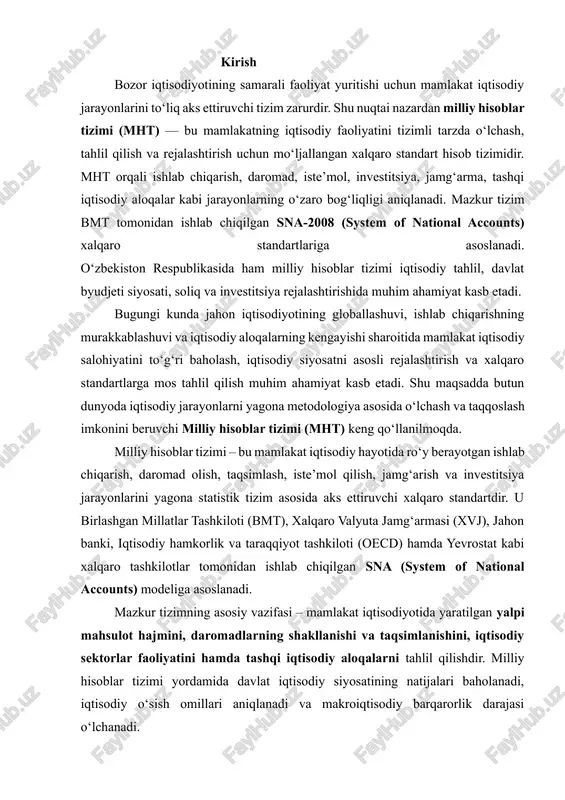 iloti (oecd) hamda yevrostat kabi xalqaro tashkilotlar tomonidan ishlab chiqilgan sna (system of national accounts) modeliga asoslanadi. mazkur tizimning asosiy vazifasi – mamlakat iqtisodiyotida yaratilgan yalpi mahsulot hajmini, daromadlarning shakllanishi va taqsimlanishini, iqtisodiy sektorlar faoliyatini hamda tashqi iqtisodiy aloqalarni tahlil qilishdir. milliy hisoblar tizimi yordamida davlat iqtisodiy siyosatining natijalari baholanadi, iqtisodiy o‘sish omillari aniqlanadi va makroiqtisodiy barqarorlik darajasi o‘lchanadi. makroiqtisodiy ko‘rsatkichlar esa ushbu tizimning asosiy tahliliy elementlaridir. yalpi ichki mahsulot (yaim), yalpi milliy mahsulot (ymm), sof milliy mahsulot (smm), milliy daromad (md), jamg‘arma darajasi, iste’mol hajmi kabi ko‘rsatkichlar orqali mamlakatning iqtisodiy faoliyati, ishlab chiqarish samaradorligi va aholi farovonligi darajasi aniqlanadi. o‘zbekiston respublikasi mustaqillikka erishgach, milliy iqtisodiyotni boshqarish va tahlil qilishda xalqaro andozalarga mos statistik tizimni yaratish zarurati paydo bo‘ldi. shu maqsadda 1990-yillardan boshlab mamlakatimizda sna-1993, keyinchalik esa sna-2008 modeliga asoslangan milliy hisoblar tizimi bosqichma-bosqich joriy etildi. bugungi kunda o‘zbekiston davlat statistika qo‘mitasi ushbu tizim asosida barcha makroiqtisodiy ko‘rsatkichlarni hisoblab, iqtisodiy …