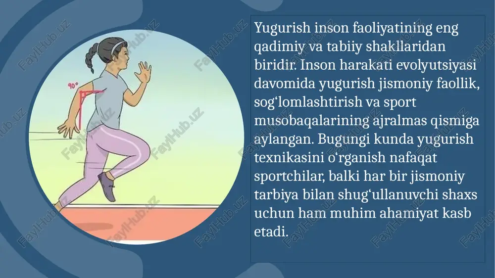 butt-kick mashqlari tezlikni oshirish uchun intervalli yugurish bu mashqlar koordinatsiya, chidamlilik va mushak kuchini rivojlantiradi. finishga yaqinlashganda yuguruvchi barcha kuchini tezlikni oshirishga yo‘naltiradi. tana oldinga engashgan, qo‘llar faol harakatda, nafas olish qisqa, ammo tez-tez bo‘ladi. maqsad chiziqni maksimal tezlik bilan kesib o‘tishdir. 9 tana harakati muvozanatda bo‘lishi uchun bosh to‘g‘ri ushlanadi, yelka bo‘sh, qo‘llar tirsakdan bukilgan holda oldinga va orqaga harakatlanadi. tizzalar oldinga yo‘naltirilgan, panjalar harakat yo‘nalishiga parallel bo‘lishi kerak. 10 qo‘l harakati yugurish ritmini saqlashda muhim rol o‘ynaydi. har bir qo‘l harakati oyoq qadamiga teskari yo‘nalishda sodir bo‘ladi. to‘g‘ri qo‘l ishlatish yugurishning energiya sarfini kamaytiradi. 11 yugurish paytida to‘g‘ri nafas olish juda muhimdir. nafas burun orqali olinib, og‘iz orqali chiqariladi. nafas olish ritmi oyoq qadami bilan uyg‘un bo‘lishi lozim: masalan, ikki qadamda nafas olish va ikki qadamda chiqarish. 12 o‘quv mashg‘ulotlari jarayonida yugurish texnikasi bosqichma-bosqich o‘rgatiladi: 13 oddiy yurish va sakrash mashqlari qisqa masofalarga yengil yugurish texnik xatolarni tahlil …
