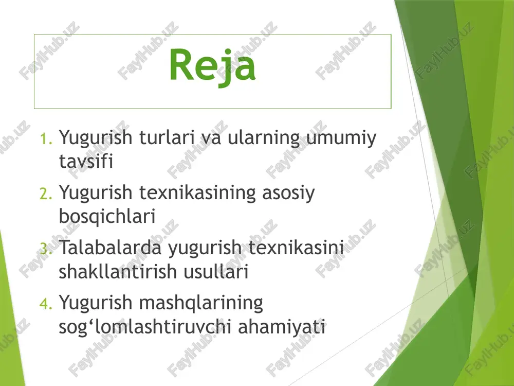 rqarorlik va energiya tejash texnikasi asosiy o‘rinda turadi. to‘siqli yugurish (bar’yerli yugurish) – bu turda sportchi yo‘ldagi to‘siqlarni oshib o‘tadi. u koordinatsiyani va texnik mahoratni talab etadi. estafeta yugurish – jamoaviy yugurish bo‘lib, baton (tayanch tayoqcha)ni bir yuguruvchidan boshqasiga aniq va tez uzatish zarur. kross yugurish – ochiq maydon yoki notekis yo‘laklarda o‘tkaziladi. bu tur talabalarni tabiat sharoitida harakat qilishga, o‘z kuchini sinab ko‘rishga o‘rgatadi. yugurish turlarining barchasi inson organizmiga ijobiy ta’sir ko‘rsatadi: yurak mushaklarini mustahkamlaydi, qon aylanishni yaxshilaydi, nafas olish tizimini rivojlantiradi, mushaklarning elastikligini oshiradi. yugurish texnikasining asosiy bosqichlari yugurish texnikasi sportchining natijalariga bevosita ta’sir etadi. u quyidagi asosiy bosqichlardan iborat: 1. start holati – yuguruvchi past startda yoki tik startda turadi. tananing og‘irligi oldinga yo‘naltirilgan, qo‘llar yerga yoki start chizig‘iga yaqin joylashtiriladi. “start!” buyrug‘i bilan sportchi tezlik olishga kirishadi. 2. tezlanish fazasi – dastlabki 10–20 metrda yuguruvchi maksimal tezlikka chiqish uchun oyoq mushaklarini faol ishlatadi. tananing holati oldinga …