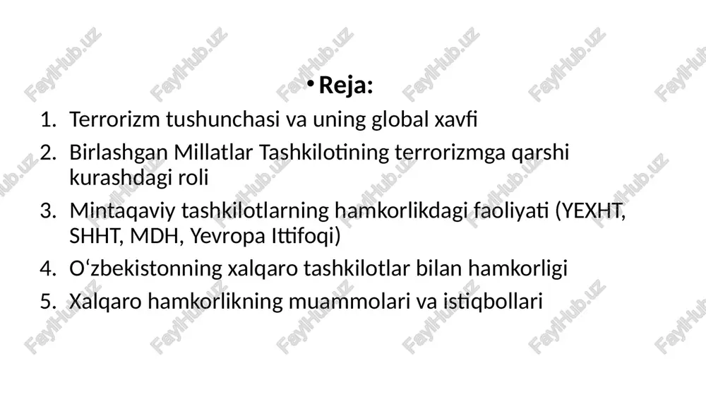 arg‘ib qilishga asoslangan nazariya va amaliyotni anglatadi. ekstremistik qarashlarni barcha dinlarda, buddaviylik, xristianlik, islomdagi turli oqimlarda uchratish mumkin. masalan, mutaxassislar katolik cherkovining erkin fikr yurituvchi, hukmron feodal-katolik cherkovi aqidalarini rad etuvchi kishilar – papa hokimiyati dushmanlarini ta’qib qilish uchun xiii asrda tuzilgan va minglab odamlarning qurbon bo‘lishiga olib kelgan inkvizitsiya faoliyatini ham ekstremizmning o‘ziga xos ko‘rinishi sifatida baholaydilar. ammo hozirda islom dini niqobi ostidagi diniy-siyosiy harakatlar a’zolari tomonidan turli jinoyatlar sodir etilayotgani jamiyat xavfsizligiga jiddiy tahdid solmoqda. birlashgan millatlar tashkilotining (bmt) roli bmt terrorizmga qarshi kurashda asosiy global tashkilot sifatida tan olingan. 1963-yildan boshlab, bmt doirasida terrorizmga qarshi 19 ta xalqaro konvensiya qabul qilingan. ularning eng muhimlari: terrorchilik harakatlariga moliyaviy yordam ko‘rsatishni taqiqlash to‘g‘risidagi konvensiya (1999); global terrorizmga qarshi strategiya (2006); bmt xavfsizlik kengashining 1373-sonli rezolyutsiyasi (2001) – barcha davlatlardan terrorchilarga boshpana, mablag‘ yoki qurol berishni taqiqlaydi. bmtning terrorizmga qarshi qo‘mitasi, inson huquqlari bo‘yicha kengashi va boshqa institutlar terrorizmga qarshi …