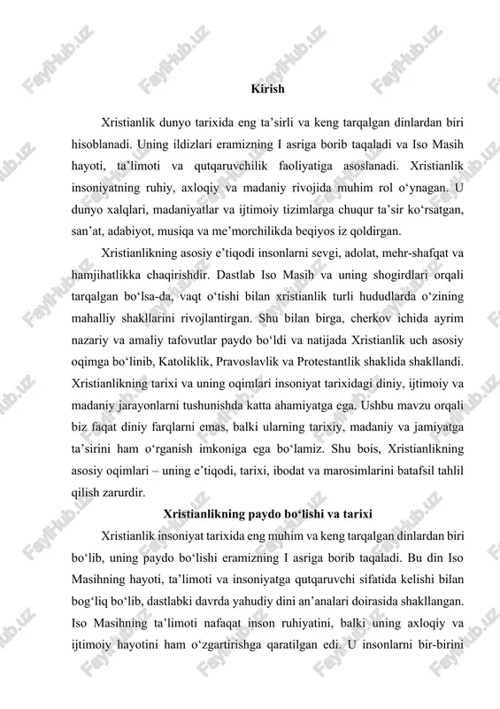 y hayotini ham o‘zgartirishga qaratilgan edi. u insonlarni bir-birini sevishga, mehr-shafqat ko‘rsatishga, adolatli bo‘lishga va yaxshilik qilishga chaqirgan. iso masihning shogirdlari va izdoshlari uning ta’limotini avvaliga og‘zaki ravishda tarqatgan, keyinchalik esa bu ta’limot bibliya kitoblarida yozma shaklga keltirilgan. bu esa xristianlikning asosiy e’tiqodlari va tamoyillarining barqaror shakllanishiga imkon yaratdi. ilk xristian jamoalari asosan iudae va galileya hududlarida tashkil topgan bo‘lib, u yerda iso masihning shogirdlari va izdoshlari faol ravishda odamlarni o‘z ta’limotiga jalb qilgan. shu davrda xristianlar rim imperiyasi hududida faoliyat olib borishgan bo‘lsa-da, ular ko‘pincha qatag‘on va ta’qib ostida qolgan. rim imperiyasi hukmdorlari xristianlikni xavfli diniy oqim sifatida qarashgan va uning tarqalishini cheklashga harakat qilgan. shu bilan birga, bu qatag‘onlar xristianlarni yanada birlashishga, o‘zaro yordam va mehr-shafqatni kuchaytirishga undagan. ilk davr xristianlari uchun ibodat, marosim va diniy yig‘ilishlar yashirin ravishda o‘tkazilgan bo‘lsa-da, ularning e’tiqodi mustahkam va barqaror bo‘lgan. iso masihning shogirdlari, xususan, peter va pavlus kabi yetakchi shaxslar xristianlikning …