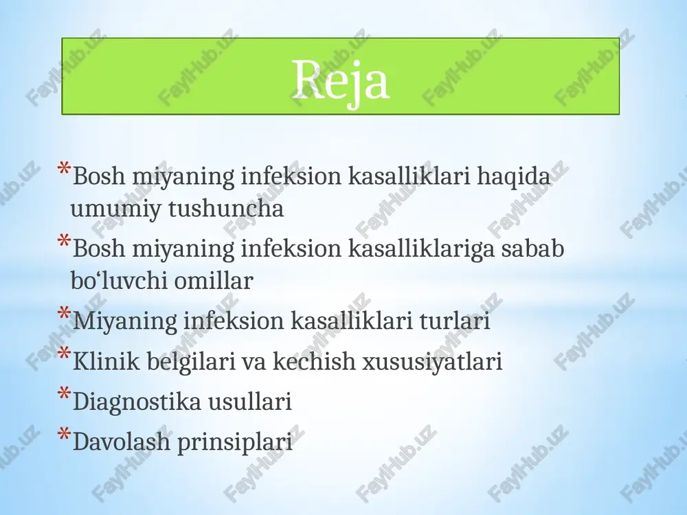 ngit va ensefalitning birgalikda kechishi; absess – miyada yiringli o‘choq hosil bo‘lishi; subdural empiyema – miya qobig‘i ostida yiring to‘planishi. miyaning infeksion kasalliklari quyidagi umumiy alomatlar bilan kechadi: klinik belgilari va kechish xususiyatlari tana haroratining ko‘tarilishi; bosh og‘rishi va bosh aylanishi; ko‘ngil aynish, qusish; bo‘yin mushaklarining qotishi (meningial simptomlar); ongning buzilishi, tutilishlar, gallyutsinatsiyalar; asab tizimi faoliyatining buzilishi (nutq, eshitish, harakat buzilishi). diagnostika usullari tashxis qo‘yishda quyidagi usullardan foydalaniladi: klinik tekshiruv va nevrologik simptomlarni aniqlash; lumbal ponksiya (likvor tahlili); kompyuter tomografiya (kt) yoki magnit-rezonans tomografiya (mrt); qon tahlillari (leykotsitoz, esr oshishi); bakteriologik va serologik testlar (infeksion agentni aniqlash). davolash prinsiplari davolash jarayoni kasallik sababchisini yo‘qotish va miya faoliyatini tiklashga qaratilgan: etiotrop terapiya: antibiotiklar, antivirus, antifungal preparatlar; simptomatik davolash: og‘riq qoldiruvchi, isitma tushiruvchi, antikonvulsantlar; dezintoksikatsion muolajalar: fiziologik eritmalar, gemodez; neyroprotektorlar va vitaminlar (b guruhi); og‘ir hollarda reanimatsion yordam. oldini olish choralari yuqori nafas yo‘li va umumiy infeksiyalarni o‘z vaqtida davolash; emlash (meningokokk, …