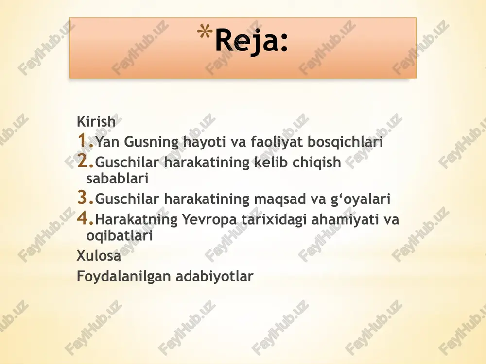 talab k.ildiki ke-yinchalik bu gus muxlislarining shiorlaridan biri bulib k,ol-di. kisman gusijtimoiy masalalarga x.am tegib utdi. birok. gus revolyutsioner emas edi va shu vajdan u mavjud feodal tuzum-ni yemirib tashlashga da’vat etmadi, asosan krepostniklikning eng ogir formalarini yumshatishga chak,irish bilangina cheklandi.. shu tarifa, gus panlarni uz x.ukmronliklarini suiste’mol kilmay, «kambagallarga mex_r-shafk.atli bulish va ularni adolat bilan idora kilishga da’vat etdi». u korollik sudlari-da beva-bechoralarga zulm kilishga va ularning kungillarini vayron kdlishga k.arshi norozilik bildirdi. gus uzining bir k.ancha orzaki gaplari va yozma nutklarida panlar tomonidan ulib ketgan .dexdonlarning molu mulkini bosib olish (ulgan-dan keyingi yigim) x.odisalarini krralagan edi «xakdoniyat yengadi!», degan iborani gus juda yaxshi kurardi. bu suzlar bilan gus mexdatkashlar ommasining porlok. kelajagiga bulgan uz i ishonchini ifodalardi. dexdonlar x.ayotini yaxshi bilgan, uzi shu dexdonlar orasidan kelib chikdan gus uz umrining to oxirigacha deyarli kishlok. bilan shaxsan boglangan edi. gusning chex tilida kdladigan va’zxonligida eng sodda, x.atto xat-savod-siz erkak …