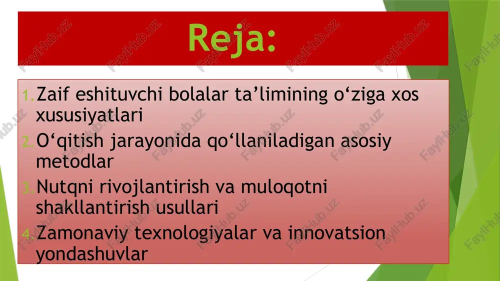 di. ular orasida quyidagilar eng samarali hisoblanadi: ko‘rgazmali metod – predmet, rasm, videomaterial yoki harakat orqali bilim berish. ko‘rgazmalilik bolalarda tasavvur hosil qiladi va mavzuni yaxshiroq tushunishga yordam beradi. og‘zaki metod – o‘qituvchining aniq, sekin va ifodali nutqi orqali ma’lumot berish. bu usulda labdan o‘qish, eshitish apparatlaridan foydalanish muhim. amaliy metod – o‘quvchilarning faol ishtirokida mashq, yozish, chizish, o‘yin yoki tajribalar o‘tkazish orqali bilimni mustahkamlash. takrorlash va tahlil metodi – yangi o‘rganilgan so‘z va tushunchalarni doimiy takrorlash orqali nutqni mustahkamlash. imo-ishorali metod – so‘z va gaplarni imo-ishoralar orqali ifodalash. bu usul eshitish imkoniyati cheklangan bolalarda muloqotni yengillashtiradi. har bir metod bolalarning eshitish darajasiga, yoshiga va individual rivojlanish xususiyatiga qarab tanlanadi. o‘qitish jarayonida qo‘llaniladigan asosiy metodlar. zaif eshituvchi bolalarni o‘qitishda maxsus pedagogik metodlar tizimi qo‘llaniladi. ular orasida quyidagilar eng samarali hisoblanadi: ko‘rgazmali metod – predmet, rasm, videomaterial yoki harakat orqali bilim berish. ko‘rgazmalilik bolalarda tasavvur hosil qiladi va mavzuni yaxshiroq tushunishga …