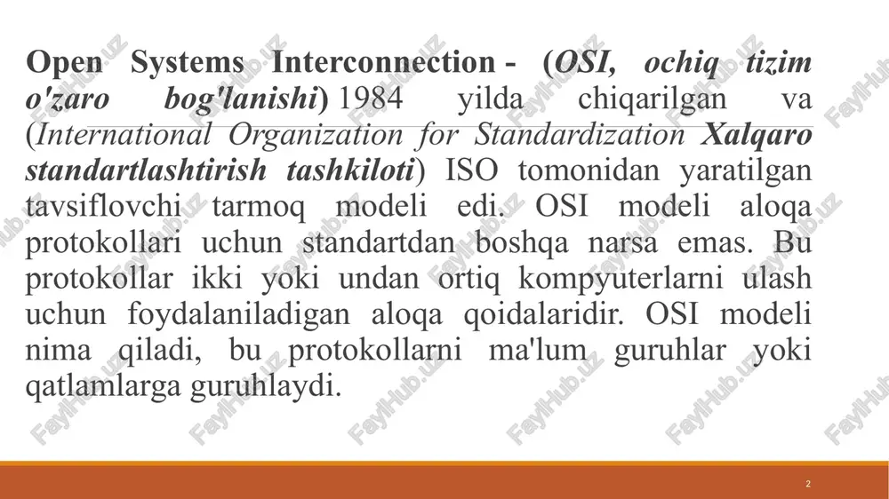 arini jo`natish uchun transport xizmatlarining mavjudligi va boshqalar talab qilinadi. ko`rsatilgan harakatlar, ochiq tizimlar biriktirilgan (prikladnoy) bosqichlari orasida mavjud bo`lgan ma`lumot almashinuvi qoidalariga mos kelishi kerak. shu yo`l bilan, tizimlar boshqaruvida ma`lumotlar jo`natish, biriktirilgan bosqich bayonlaridan foydalangan holda amalga oshiriladi. 5 5 n bosqichli boshqaruv, anashu bosqich operatsiyalariga aloqador ma`lumotni jo`natish zarurligida qo`llaniladi. bosqich boshqaruvi misolida transport bosqichi ulanishlari boshqaruvi bayonlari xizmat qilishi mumkin. shuni aytish joizki, ushbu bosqich boshqaruvi osi modeli ustki bosqichning har qanday funksional vazifalarini qaytarishi mumkin emas. n bosqichli boshqaruv, osi bayonlarining barchasi bilan foydalanish imkoni bo`lmagan vaqtda ishlatiladi. 6 6 telekommunikatsiya yo`nalishida standartlashtirish bilan shug`ulanadigan tashkilotlar xalqaro standartlashtirish tashkilotlarini quydagicha ajratishimiz mumkin: rasmiy xalqaro standartlashtirish tashkilotlari: a) standartlashtirish bo`yicha halqaro tashkilot (international organization for standardization, iso) 1946 yilda tashkil topgan, o`z ichiga 157 mamlakat milliy standartlashtirish tashkilotlarini olgan. turli xil sanoat ishlanmalari va ularni halqaro standart sifatida qo`llaydigan halqaro darajada loyhalashtirish uchun o`z bo`limlariga ega. …