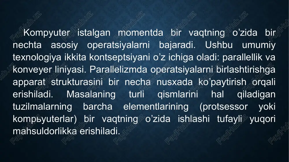 umotlarning yangi qismi qabul qilinadi. bunda oldin bajarilgan amallarni natijalarini qoʼllash orqali qayta ishlash tezligi oshiriladi. faraz qilaylik, amal beshta mikro amaldan iborat boʼlishi va ularni har biri bitta vaqt birligida bajaradi. agar ajralmas yagona ketma-ket kurilma mavjud boʼlsa, u 100 ta argumentlar juftligini 500 vaqt birligida bajaradi. agar har bir mikro amal konveyerli qurilmaning alohida bosqichida bajarilsa, u xolda bunday qurilmaning har bir qayta ishlash bosqichining beshinchi vaqt birligida birinchi 5ta argumentlari aniqlanadi. birinchi natija vaqtning 5-birligidan keyin olinadi. 100 ta juftlikdan iborat toʼplam esa 5+99=104 vaqt birligidan keyin olinadi. yaʼni parallel qurilmaga nisbatan 5 marta tez bajariladi. bir qarashda konveyerli qayta ishlashni parallel qurilmalarini oʼrniga zarur miqdordagi konveyr qurilmalarini qoʼllash mumkindek koʼrinadi. biroq bunda xosil boʼlgan sistema narxi va murakkabligi oshadi. unumdorlik esa oʼzgarmay qoladi. parallel dastur tuzish uchun, dasturda bir vaqtda va bir-biridan mustaqil protsessorlarda bajariladigan amallar guruhini ajratib olish kerak.. buning imkoniyati mavjudligi dasturda informatsion bogʼliqliklar …