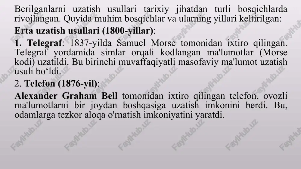 berilganlarni uzatish usullari rivojlanishi davom etmoqda, va yangi texnologiyalar har doim yuzaga kelmoqda. berilganlarni uzatish usullari, asosan, ma'lumotlarni bir joydan boshqasiga yuborish yoki tarqatish jarayonini anglatadi. bu jarayonlar turli xil texnologiyalar va protokollar orqali amalga oshiriladi. quyidagi usullar keng tarqalgan: simli uzatish: ethernet: kompyuter tarmoqlarida keng qo'llaniladigan simli aloqa texnologiyasi. koaksial kabel: televizor va internet xizmatlarida ishlatiladi. simsiz uzatish: wi-fi: mahalliy tarmoq orqali ma'lumotlarni uzatish. bluetooth: qisqa masofali simsiz ma'lumot uzatish. mobil aloqa (4g/5g): mobil qurilmalarda ma'lumot uzatish. ma'lumot uzatish protokollari: tcp/ip: internet orqali ma'lumotlarni uzatish uchun asosiy protokollar to'plami. http/https: veb sahifalarni yuklash va ma'lumotlarni uzatish uchun protokollar. ftp: fayllarni uzatish protokoli. tcp/ip (transmission control protocol (yetkazishni boshqarish protokoli)/internet protocol) protokollari, internet va boshqa kompyuter tarmoqlari uchun asosiy aloqa protokollaridir. ular ma'lumotlarni uzatish va bog'lanish jarayonlarini boshqarish uchun ishlatiladi. 1970-yillarning boshlarida: arpanet (advanced research projects agency network) (ilg'or tadqiqot loyihalari agentligi tarmog'i) loyihasi doirasida, kompyuterlar o'rtasida ma'lumot almashish uchun …