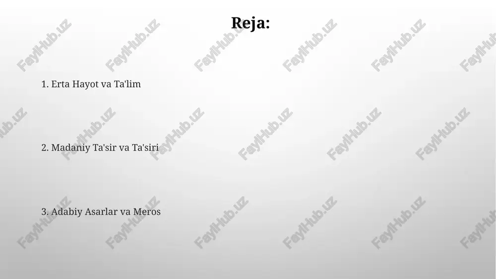 haqidagi qarashlarini targ'ib qilish uchun maydon yaratdi. navoiyning she'riyat va nasri yuqori bahoga ega bo'lib, ba'zi asarlari hukmdorlarni maqtab, boshqalari ijtimoiy adolatni targ'ib qilgan va siyosiy muhitga ta'sir ko'rsatgan. navoiy asarlarining ta'siri chag'atoy tilini adabiy til sifatida rivojlanishiga hissa qo'shdi. keyingi fors va turk adabiyotlariga ta'sir ko'rsatib, sanab bo'lmaydigan yozuvchilarga ilhom baxsh etdi. she'rlar navoiyning eng mashhur asari beshta doston to'plami "xamsa"dir. u lirik, elegiya va madhiyalarni o'z ichiga olgan ko'plab boshqa she'rlar yozdi. navoiyning tili va uslubi u she'rlarini boyitish uchun metafora, taqqoslash va allegoriya kabi turli xil badiiy vositalardan foydalanadi. navoiy tili yuqori darajada sayqallangan va takomillashgan bo'lib, u klassik chag'atay tilini mukammal egallaganligini ko'rsatadi. e'tiboringiz uchun rahmat @taqdimot_robot image3.png image4.jpg image5.jpg image6.jpg image7.jpg image8.jpg image9.jpg image10.jpg image11.jpg image12.jpg image13.jpg image14.jpg image15.jpg image1.png