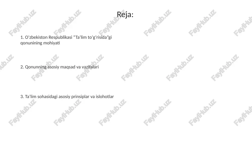 ularning majburiyatidir. ta'lim muassasalarining huquqiy maqomi taʼlim muassasasining huquqiy maqomi oʼzbekiston respublikasi qonunchiligi bilan belgilanadi, bu nizom, litsenziya va akkreditatsiya kabi bir qator meʼyoriy hujjatlarni oʼz ichiga oladi. taʼlim muassasalari davlat, nodavlat va xususiy boʼlishi mumkin. ularning har biri oʼzbekiston respublikasi konstitutsiyasi va «taʼlim toʼgʼrisida»gi qonunga muvofiq huquqlarga ega. pedagog xodimlarning huquq va majburiyatlari pedagog xodimlar har 3 yilda malaka oshirish huquqiga ega, bu ularning professional kompetentligini oshirish uchun zaruriy shart hisoblanadi. o'qituvchilar o'quv jarayonini ilg'or pedagogik texnologiyalar va metodlardan foydalangan holda tashkil etish majburiyatini oladilar. qonunning ijro mexanizmlari va nazorati o'zbekiston respublikasi bosh prokuraturasi qonun ijrosining ustidan nazoratni amalga oshiradi, qonunbuzilish holatlari aniqlansa, 14-modda bo'yicha choralar ko'riladi. vazirliklar va idoralar, mahalliy hokimliklar qonunning ijrosini ta'minlash uchun normativ-huquqiy hujjatlar ishlab chiqadi, masalan, 29-sonli qaror ijrosi nazorat qilinadi. e'tiboringiz uchun rahmat image5.jpg image6.jpg image7.jpg image8.jpg image9.jpg image10.jpg image11.jpg image1.jpeg image2.jpeg
