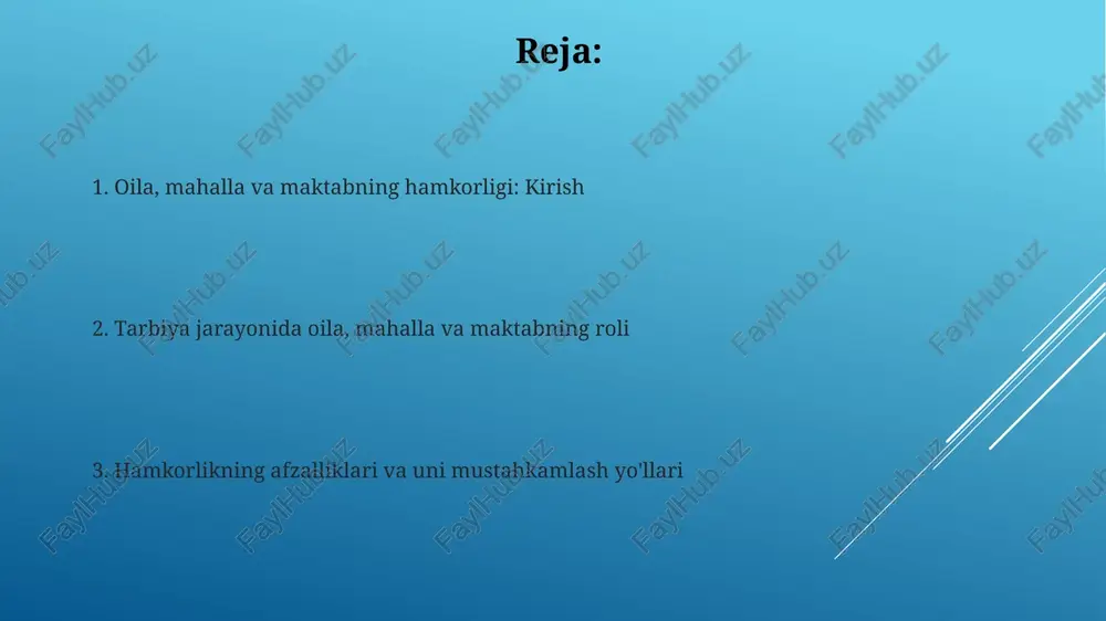 rbiyasi, 'hashar' kabi an'anaviy usullar orqali amalga oshiriladi, bu esa jamoaviy mas'uliyatni oshiradi va 7 yoshdan katta bolalarni mehnatga o'rgatadi. maktabning tarbiyaviy vazifalari maktabning tarbiyaviy vazifasi o'quvchilarda 9-10 yoshdan boshlab milliy qadriyatlarni singdirish, ularni vatanparvarlik ruhida tarbiyalashdan iboratdir. maktab, 6-11 sinf o'quvchilariga axloqiy me'yorlarni o'rgatadi, shuningdek, ularning huquqiy savodxonligini oshirish, qonun ustuvorligini tushuntirishni maqsad qiladi. o'qituvchining shaxsiy rivojlanishga qo'shgan hissasi o'qituvchi shaxsiy rivojlanishda o'quvchining qobiliyatlarini aniqlash va rivojlantirish orqali 21-asr ko'nikmalarini shakllantirishga katta hissa qo'shadi. o'qituvchi o'quvchilarni tanqidiy fikrlashga o'rgatish, muammolarni hal qilish va ijodiy qobiliyatlarini oshirish orqali shaxsiy rivojlanishiga 80% gacha ta'sir ko'rsatishi mumkin. oilaning maktab bilan hamkorligi ota-onalar majlislari, maktab kengashlari kabi erta hamkorlik mexanizmlari bolalarning 7 yoshdan boshlab ijtimoiy moslashuviga yordam beradi. «ochiq eshiklar kuni» kabi tadbirlar orqali ota-onalar o'quv dasturlari, 9 sinf imtihonlari va 11 sinf attestatlari haqida ma'lumot oladi. mahalla va maktabning o'zaro aloqasi mahalla va maktab hamkorligi 1992-yildan beri o'zbekistonda rivojlanib kelmoqda, bu ta'lim …