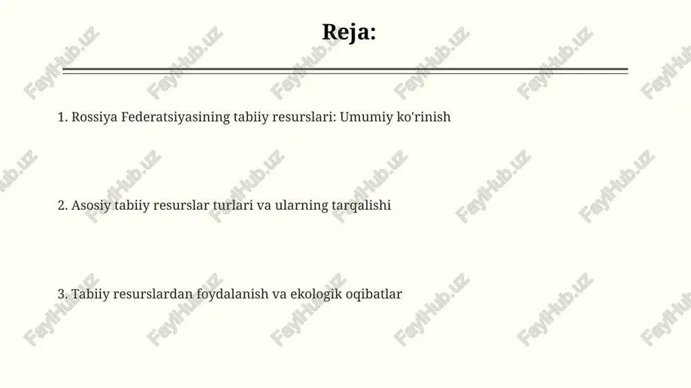 noati yaimning 1,3% ini ta'minlaydi va qog'oz, mebel kabi turli sohalar uchun xomashyo beradi, muhim eksport resursi hisoblanadi. suv resurslari: daryolar, ko'llar va ulardan foydalanish rossiya federatsiyasida 2,5 milliondan ortiq daryolar mavjud bo'lib, ularning umumiy uzunligi taxminan 12,4 million kilometrni tashkil etadi va gidroenergetika uchun katta imkoniyat yaratadi. baykal ko'li yer yuzidagi chuchuk suvning 20% ini o'z ichiga oladi va turli xil endemik turlarga ega. ko'l suvining o'ziga xos tozaligi uni noyob resursga aylantiradi. volga daryosi, rossiyaning yevropa qismidagi eng uzun daryo, transport, irrigatsiya va sanoat uchun juda muhim bo'lib, umumiy suv resurslarining asosiy qismini tashkil qiladi. energiya resurslari: neft, gaz va qayta tiklanadigan manbalar rossiyada qayta tiklanadigan energiya manbalarining ulushi, jumladan gidroenergetika, 2024-yilda umumiy energiya ishlab chiqarishning taxminan 16-17 foizini tashkil etadi, quyosh va shamol energiyasi rivojlanmoqda. rossiya jahondagi tabiiy gaz zaxiralarining taxminan 20 foiziga ega boʻlib, “gazprom” kompaniyasi ushbu resurslarni qazib olish va eksport qilishda asosiy oʻyinchi hisoblanadi. …